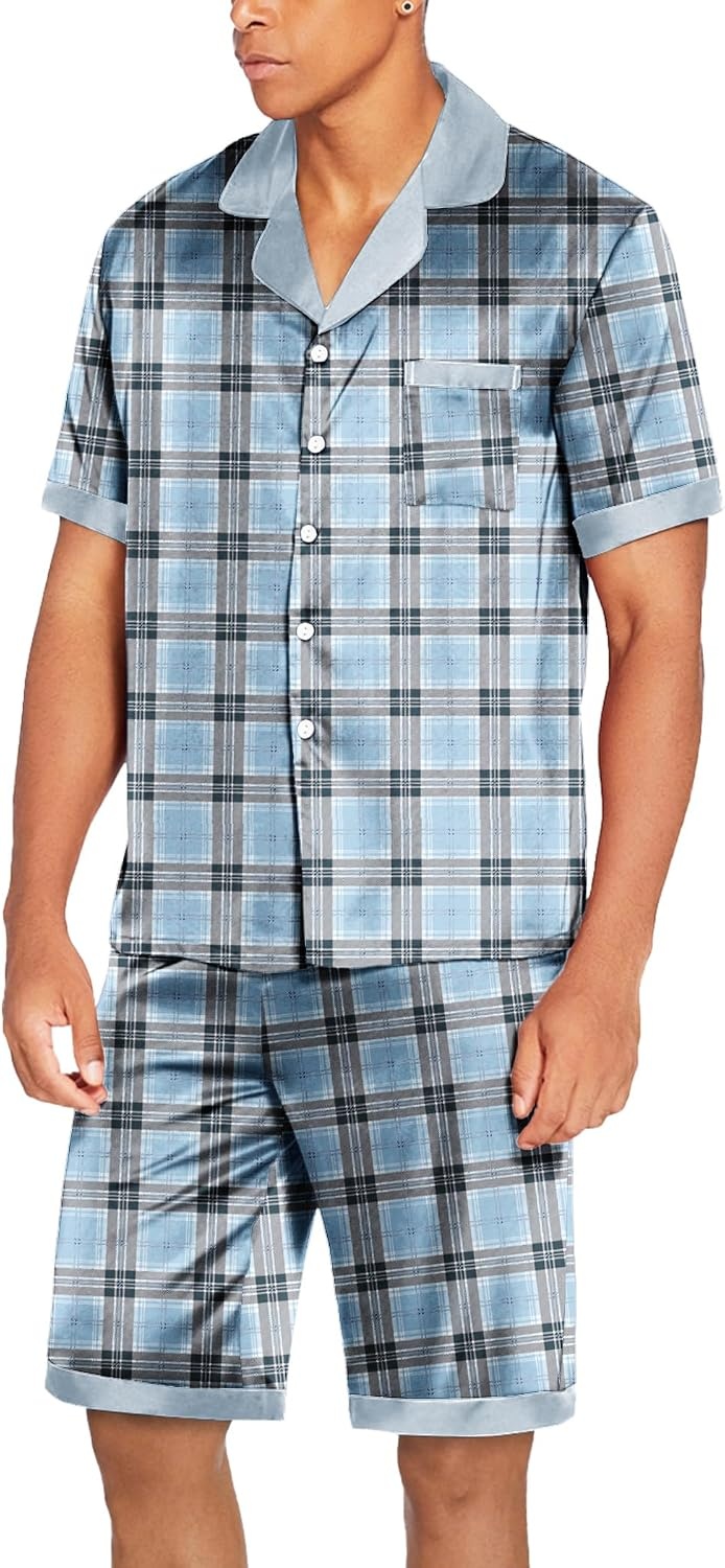 image:imageEkouaer Men Silk Pajamas Set 2 Pieces Satin Pj Button Down Loungewear Sets Shirt and ShortsSleepwearDrawstringPocketsShort SleeveMatching SetBreathableSoftMens Gift for BirthdaySummerFallBlue Check