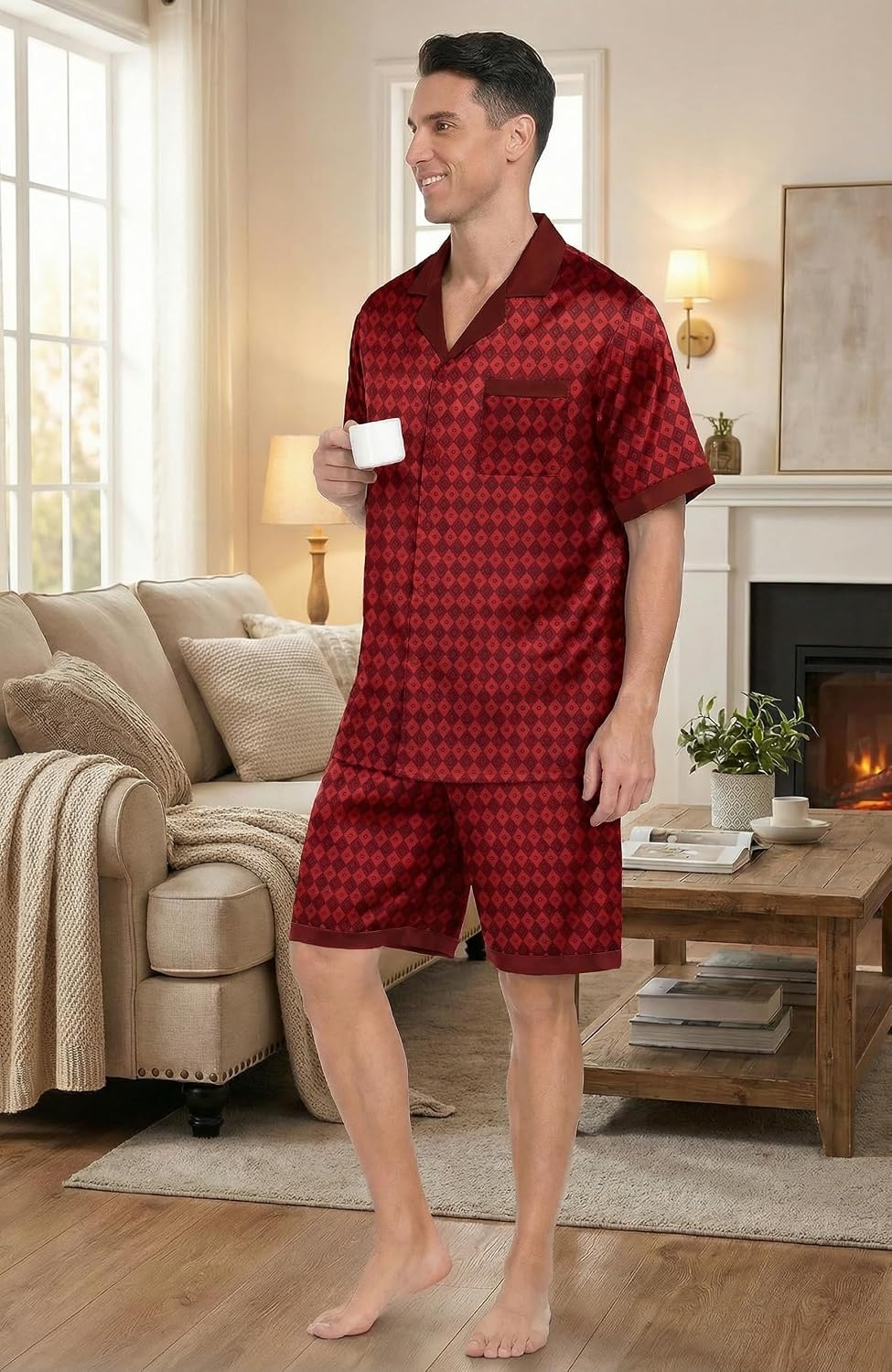 image:imageEkouaer Men Silk Pajamas Set 2 Pieces Satin Pj Button Down Loungewear Sets Shirt and ShortsSleepwearDrawstringPocketsShort SleeveMatching SetBreathableSoftMens Gift for BirthdaySummerFallBurgundy Black