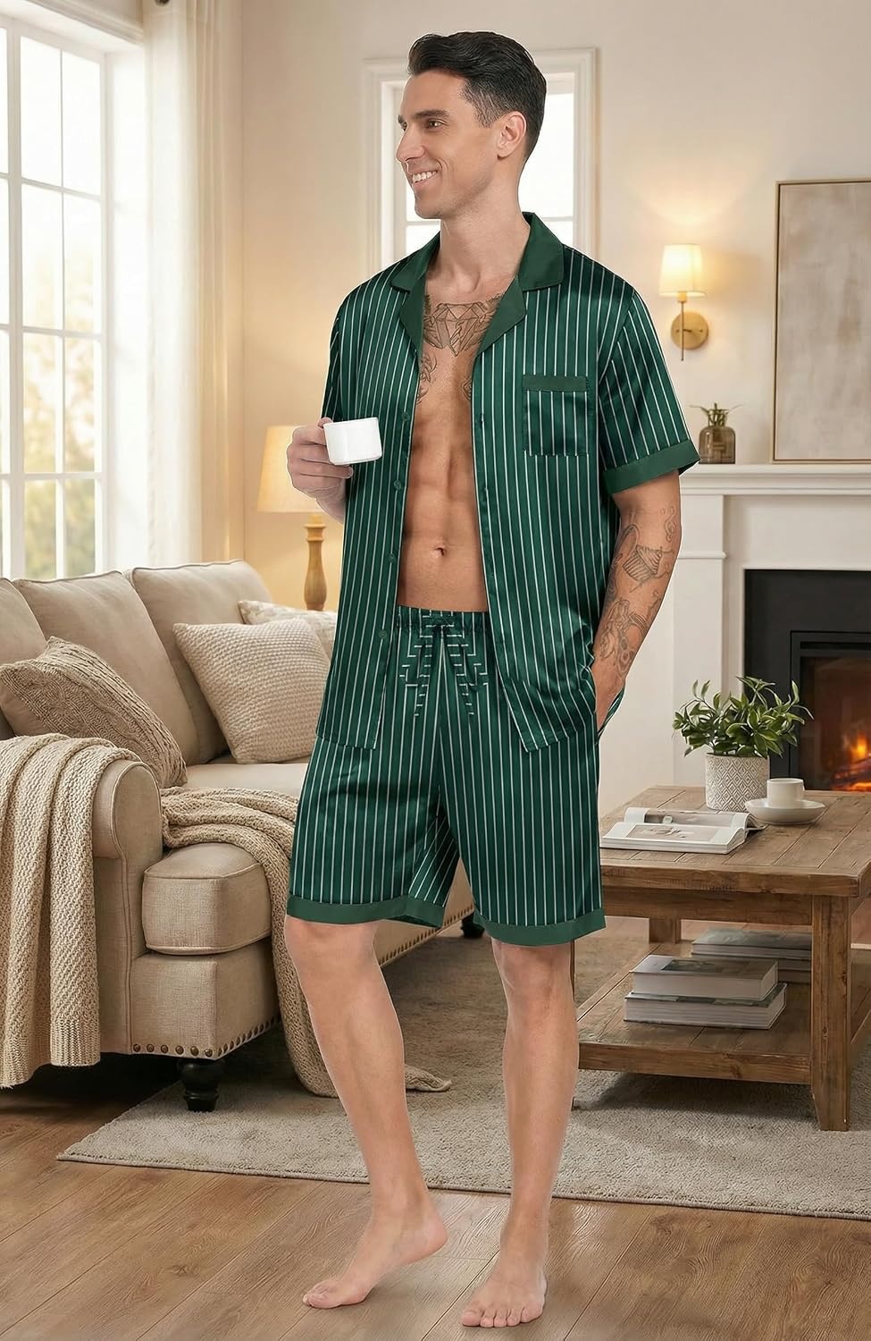 image:imageEkouaer Men Silk Pajamas Set 2 Pieces Satin Pj Button Down Loungewear Sets Shirt and ShortsSleepwearDrawstringPocketsShort SleeveMatching SetBreathableSoftMens Gift for BirthdaySummerFallGreen Striped