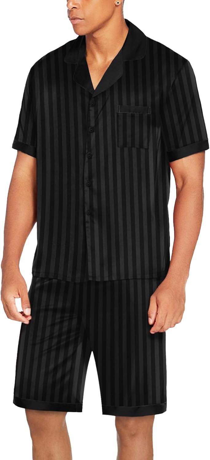 image:imageEkouaer Men Silk Pajamas Set 2 Pieces Satin Pj Button Down Loungewear Sets Shirt and ShortsSleepwearDrawstringPocketsShort SleeveMatching SetBreathableSoftMens Gift for BirthdaySummerFallStripe Black