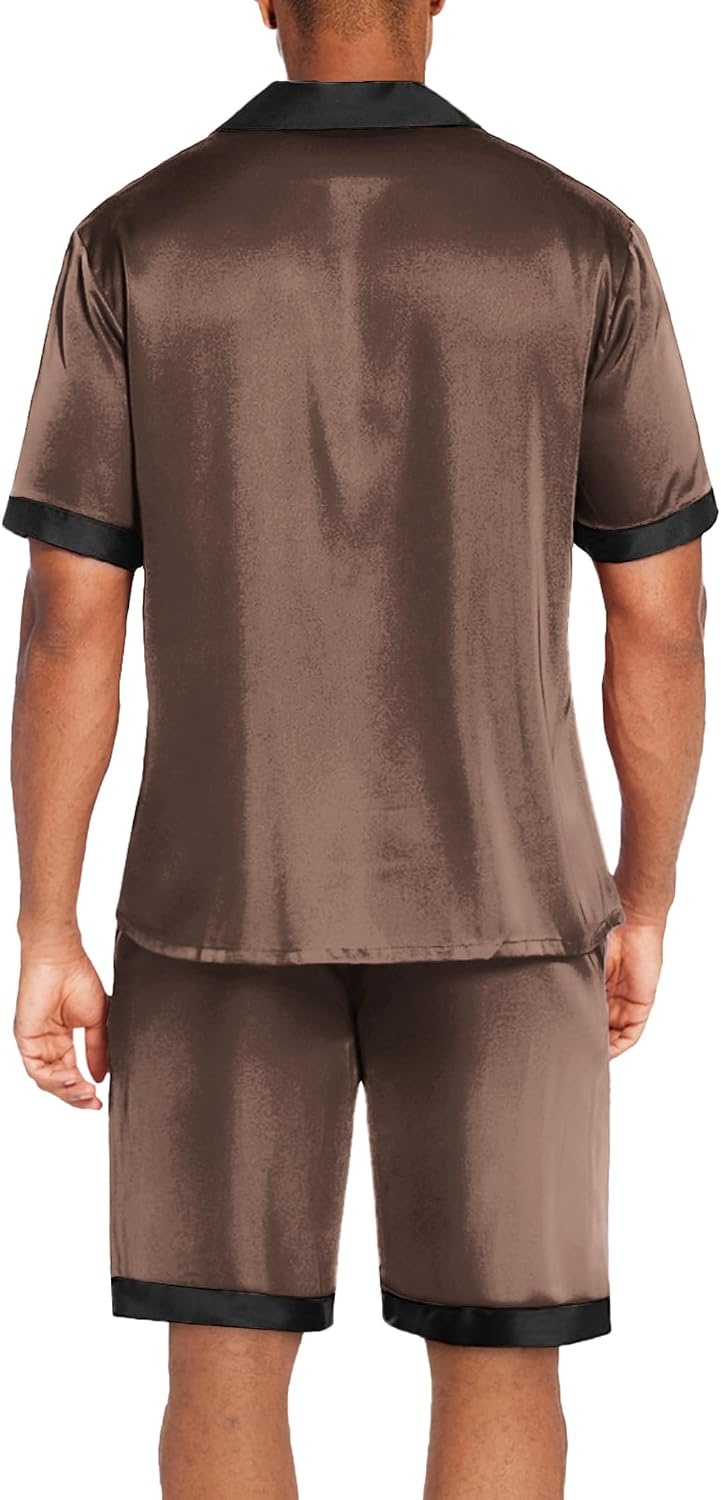 image:imageEkouaer Men Silk Pajamas Set 2 Pieces Satin Pj Button Down Loungewear Sets Shirt and ShortsSleepwearDrawstringPocketsShort SleeveMatching SetBreathableSoftMens Gift for BirthdaySummerFallBrown