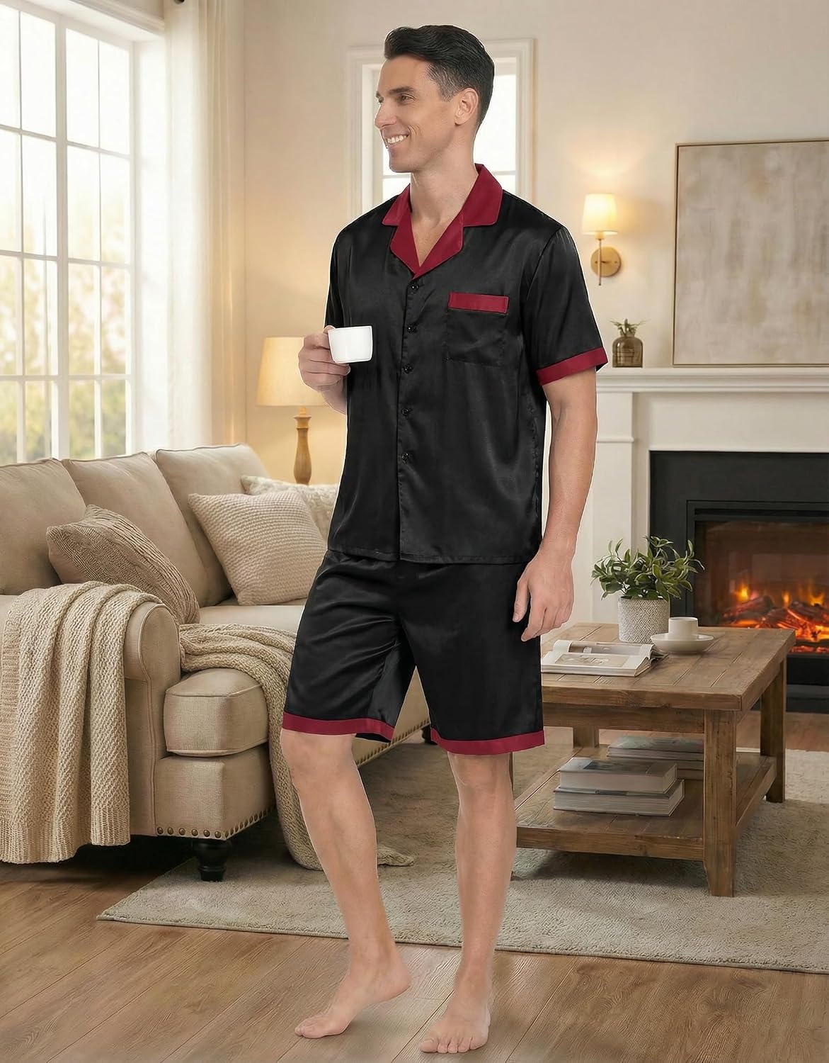 image:imageEkouaer Men Silk Pajamas Set 2 Pieces Satin Pj Button Down Loungewear Sets Shirt and ShortsSleepwearDrawstringPocketsShort SleeveMatching SetBreathableSoftMens Gift for BirthdaySummerFallBlack