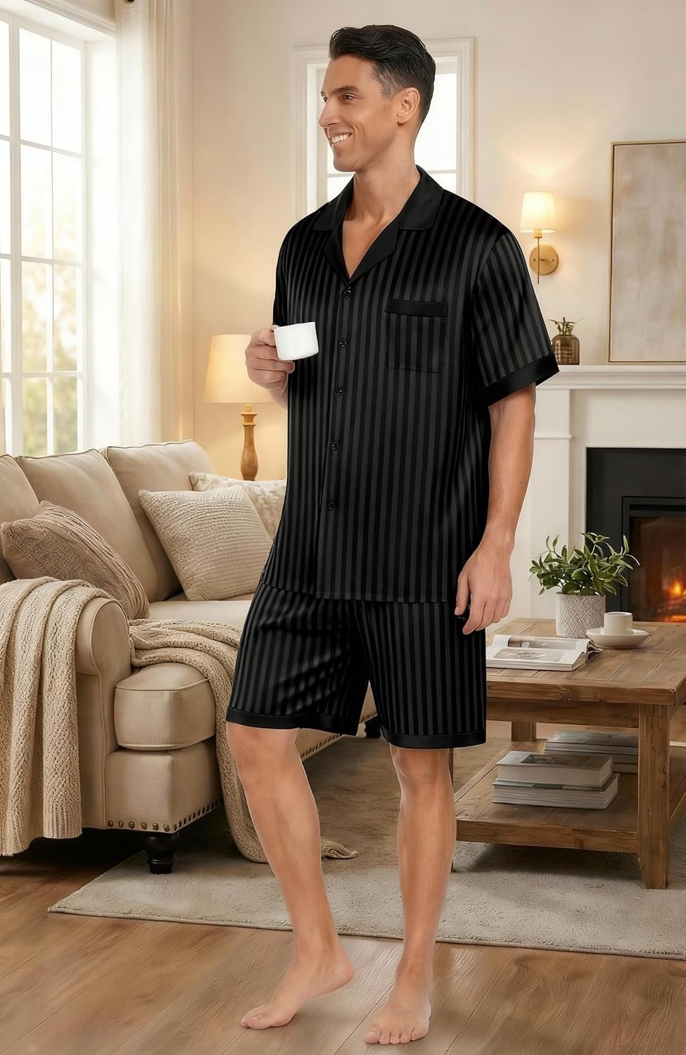 image:imageEkouaer Men Silk Pajamas Set 2 Pieces Satin Pj Button Down Loungewear Sets Shirt and ShortsSleepwearDrawstringPocketsShort SleeveMatching SetBreathableSoftMens Gift for BirthdaySummerFallStripe Black