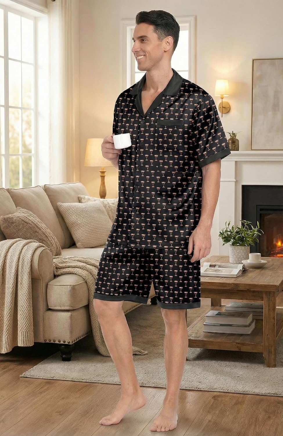 image:imageEkouaer Men Silk Pajamas Set 2 Pieces Satin Pj Button Down Loungewear Sets Shirt and ShortsSleepwearDrawstringPocketsShort SleeveMatching SetBreathableSoftMens Gift for BirthdaySummerFallMartini