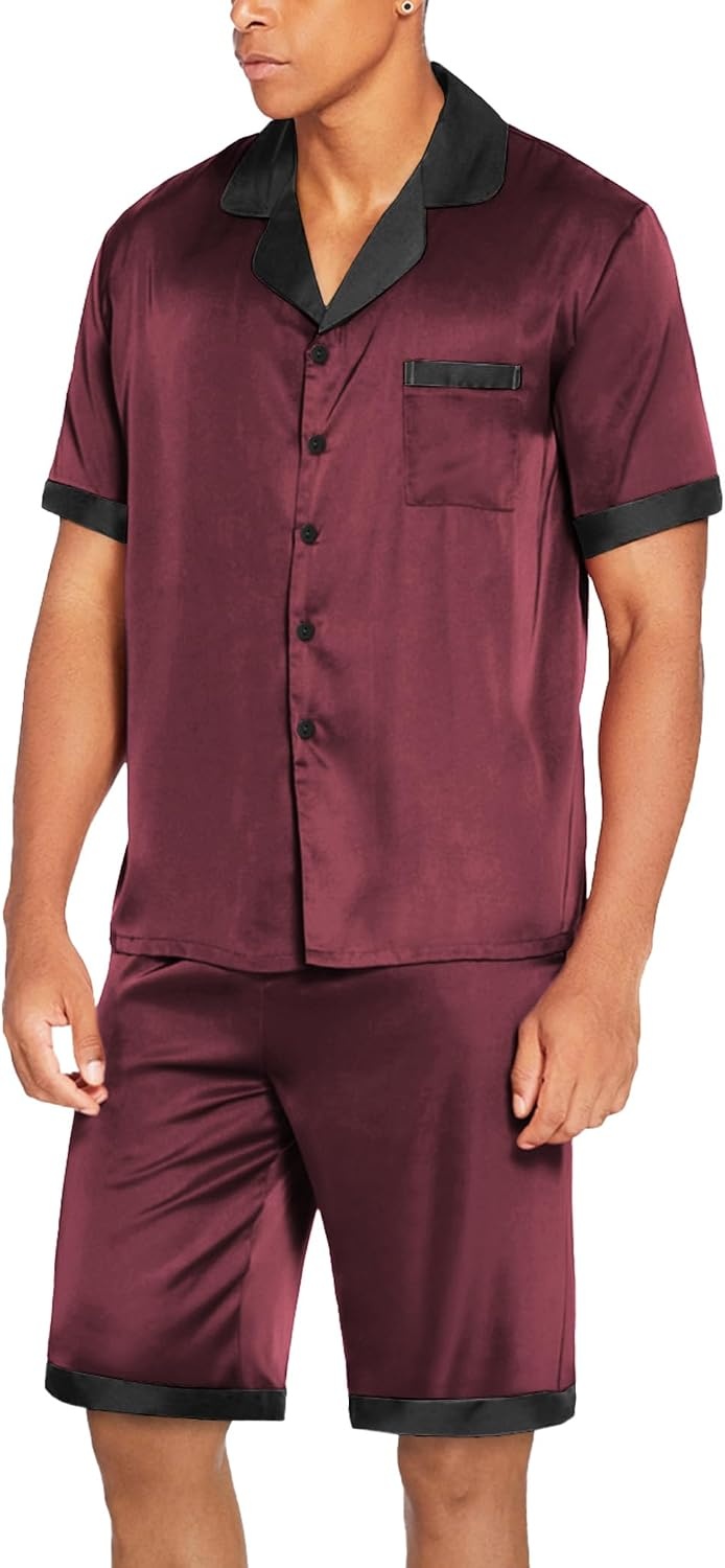 image:imageEkouaer Men Silk Pajamas Set 2 Pieces Satin Pj Button Down Loungewear Sets Shirt and ShortsSleepwearDrawstringPocketsShort SleeveMatching SetBreathableSoftMens Gift for BirthdaySummerFallWine Red
