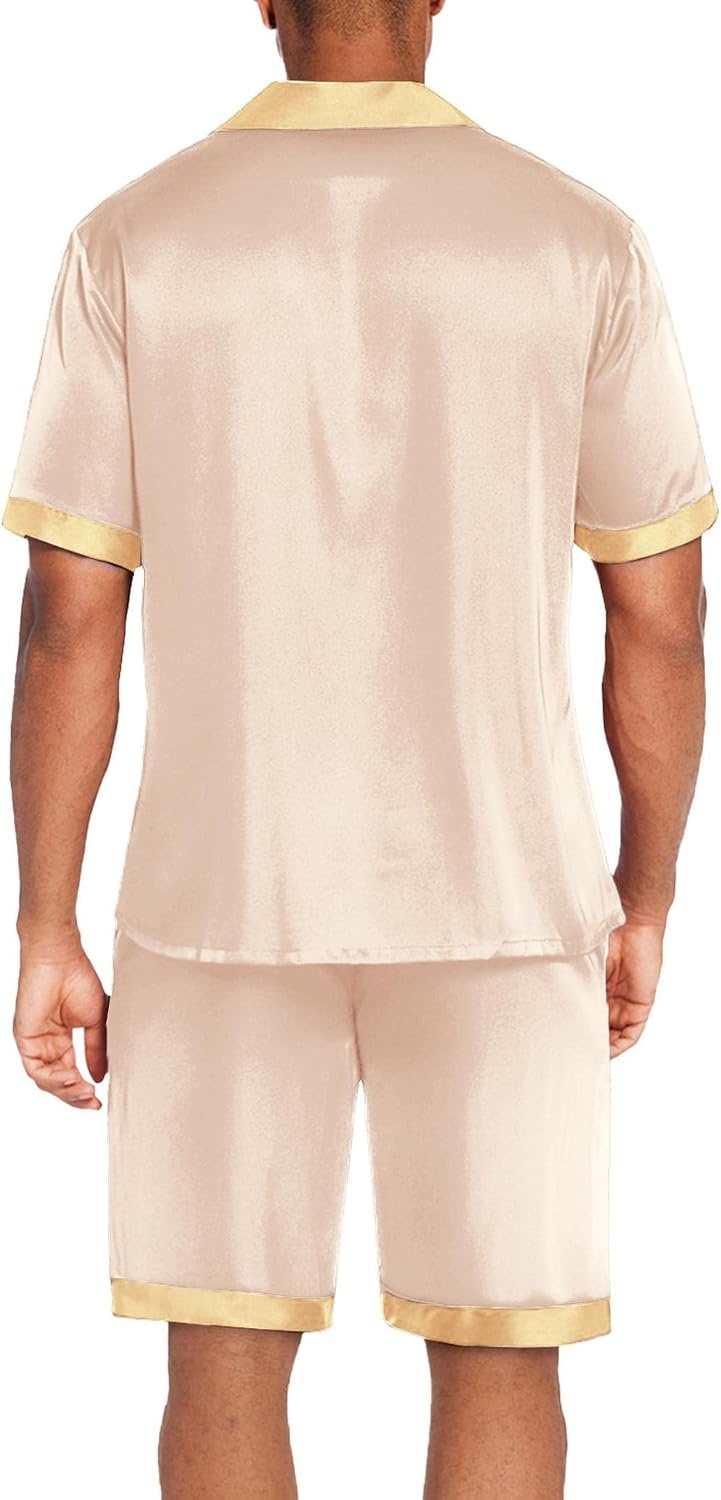 image:imageEkouaer Men Silk Pajamas Set 2 Pieces Satin Pj Button Down Loungewear Sets Shirt and ShortsSleepwearDrawstringPocketsShort SleeveMatching SetBreathableSoftMens Gift for BirthdaySummerFallChampagne