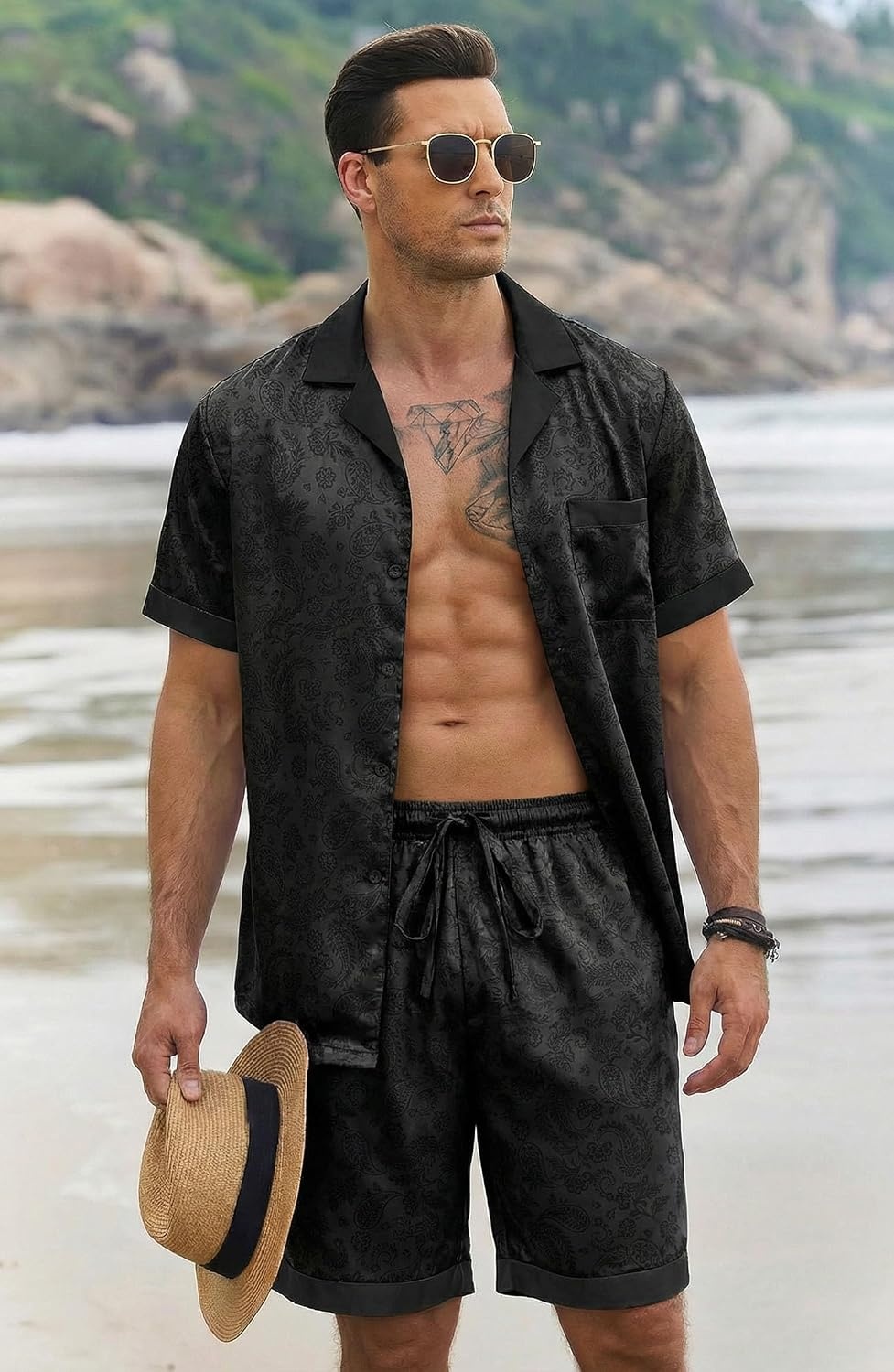 image:imageEkouaer Men Silk Pajamas Set 2 Pieces Satin Pj Button Down Loungewear Sets Shirt and ShortsSleepwearDrawstringPocketsShort SleeveMatching SetBreathableSoftMens Gift for BirthdaySummerFallFloral Embossing