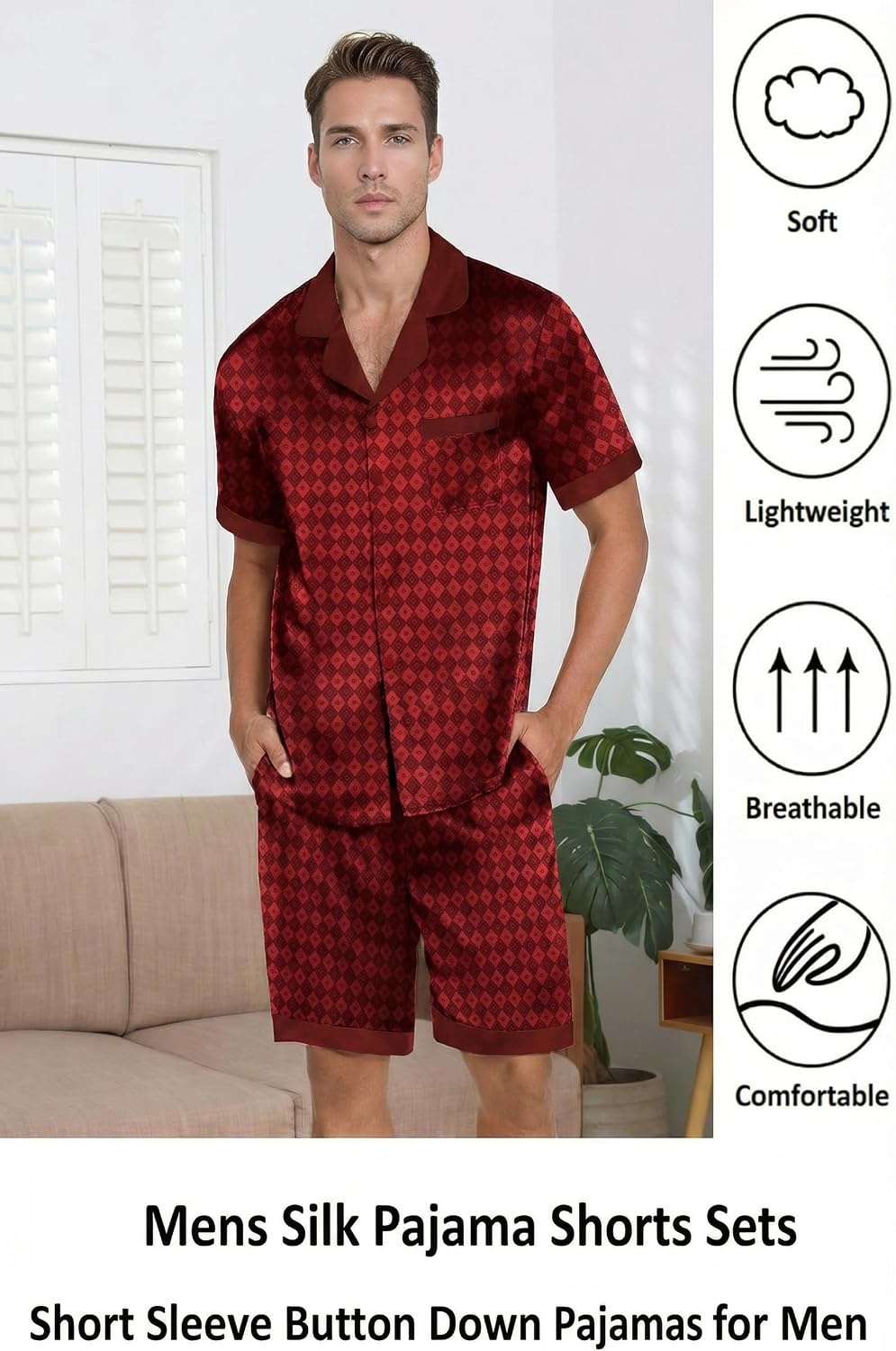 image:imageEkouaer Men Silk Pajamas Set 2 Pieces Satin Pj Button Down Loungewear Sets Shirt and ShortsSleepwearDrawstringPocketsShort SleeveMatching SetBreathableSoftMens Gift for BirthdaySummerFallBurgundy Black