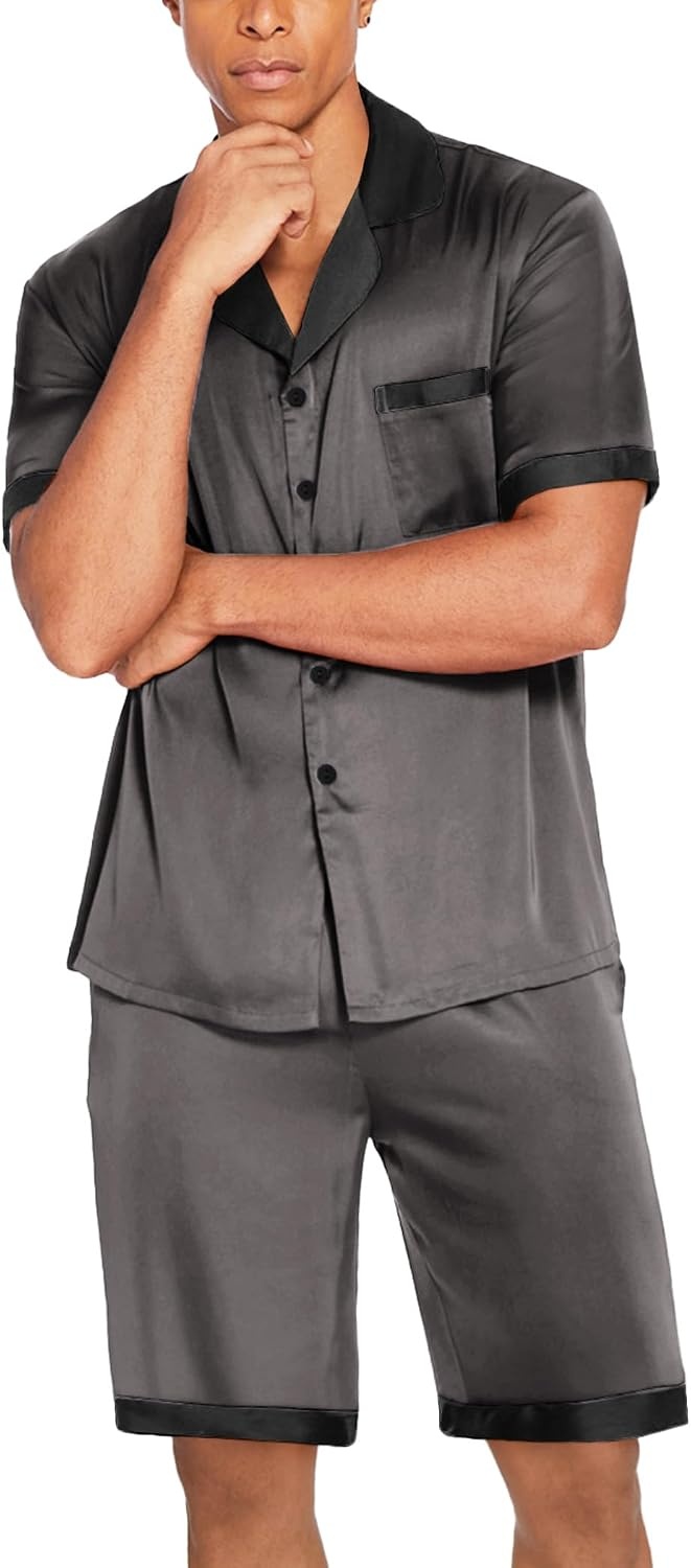 image:imageEkouaer Men Silk Pajamas Set 2 Pieces Satin Pj Button Down Loungewear Sets Shirt and ShortsSleepwearDrawstringPocketsShort SleeveMatching SetBreathableSoftMens Gift for BirthdaySummerFallDark Grey