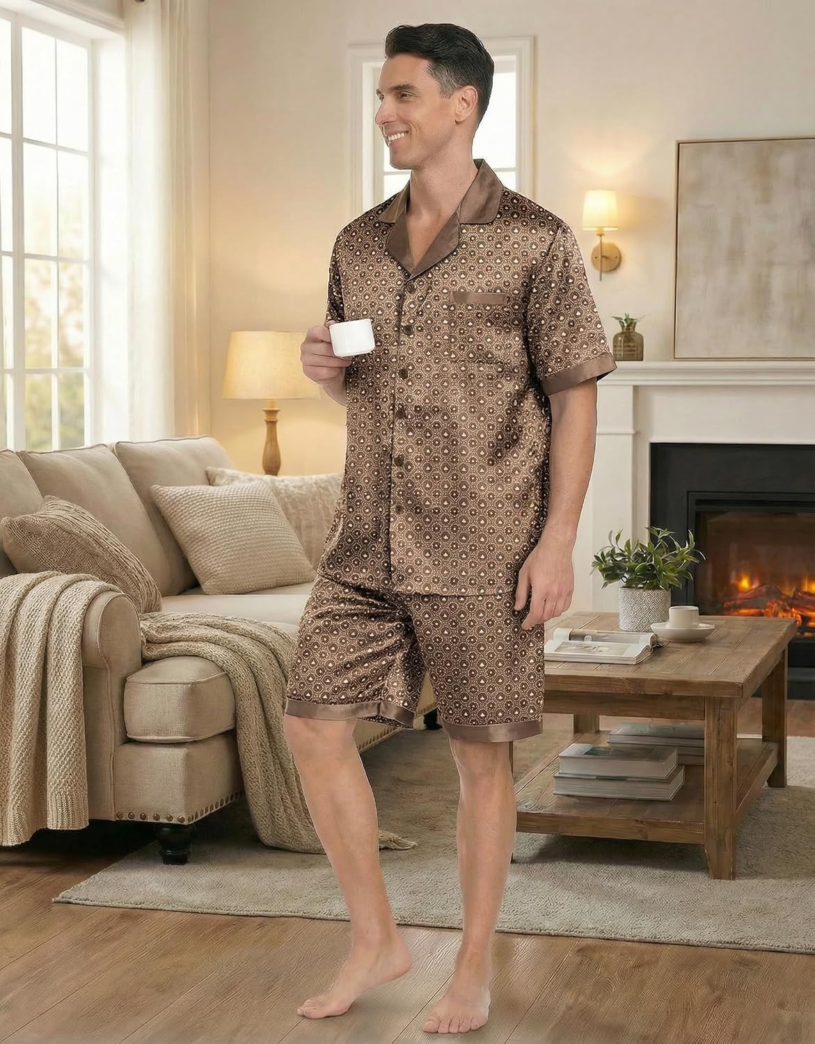 image:imageEkouaer Men Silk Pajamas Set 2 Pieces Satin Pj Button Down Loungewear Sets Shirt and ShortsSleepwearDrawstringPocketsShort SleeveMatching SetBreathableSoftMens Gift for BirthdaySummerFallGeometric Gold