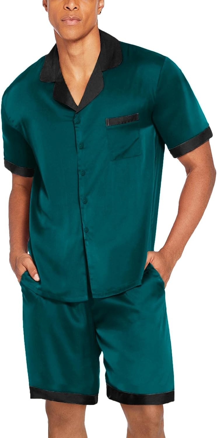 image:imageEkouaer Men Silk Pajamas Set 2 Pieces Satin Pj Button Down Loungewear Sets Shirt and ShortsSleepwearDrawstringPocketsShort SleeveMatching SetBreathableSoftMens Gift for BirthdaySummerFallLake Green