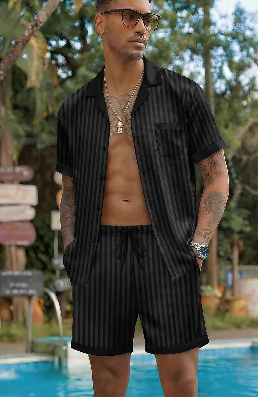 image:imageEkouaer Men Silk Pajamas Set 2 Pieces Satin Pj Button Down Loungewear Sets Shirt and ShortsSleepwearDrawstringPocketsShort SleeveMatching SetBreathableSoftMens Gift for BirthdaySummerFallStripe Black