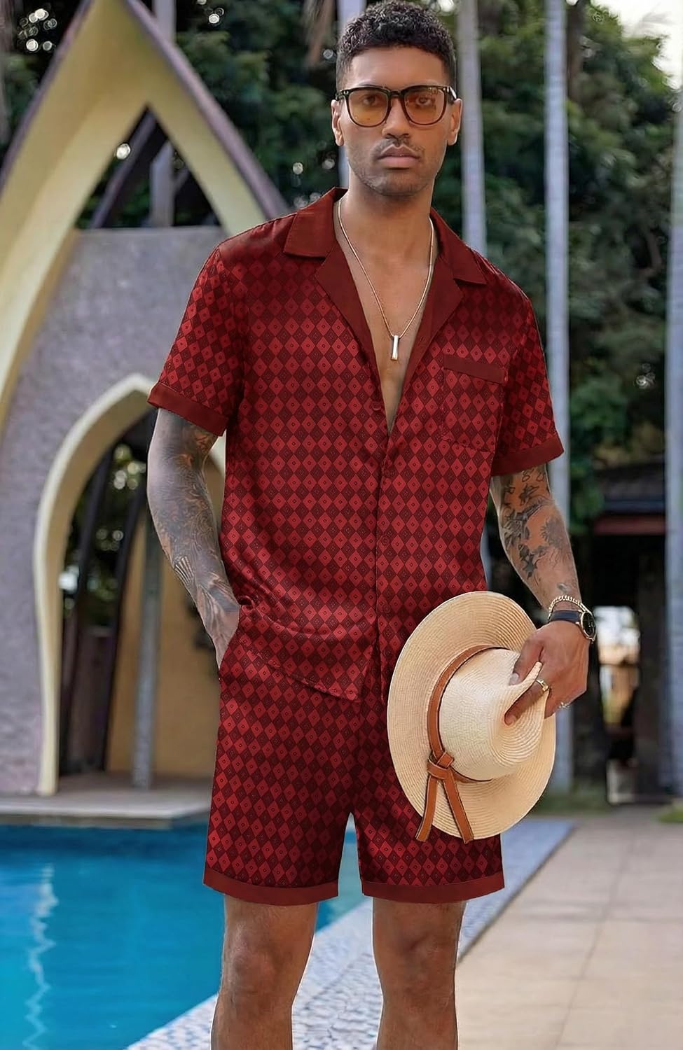 image:imageEkouaer Men Silk Pajamas Set 2 Pieces Satin Pj Button Down Loungewear Sets Shirt and ShortsSleepwearDrawstringPocketsShort SleeveMatching SetBreathableSoftMens Gift for BirthdaySummerFallBurgundy Black