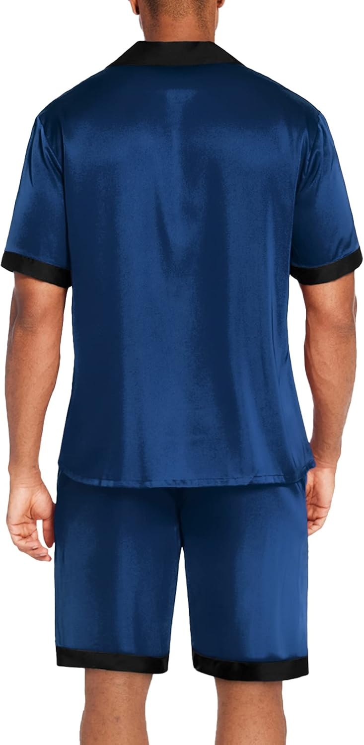image:imageEkouaer Men Silk Pajamas Set 2 Pieces Satin Pj Button Down Loungewear Sets Shirt and ShortsSleepwearDrawstringPocketsShort SleeveMatching SetBreathableSoftMens Gift for BirthdaySummerFallNavy Blue