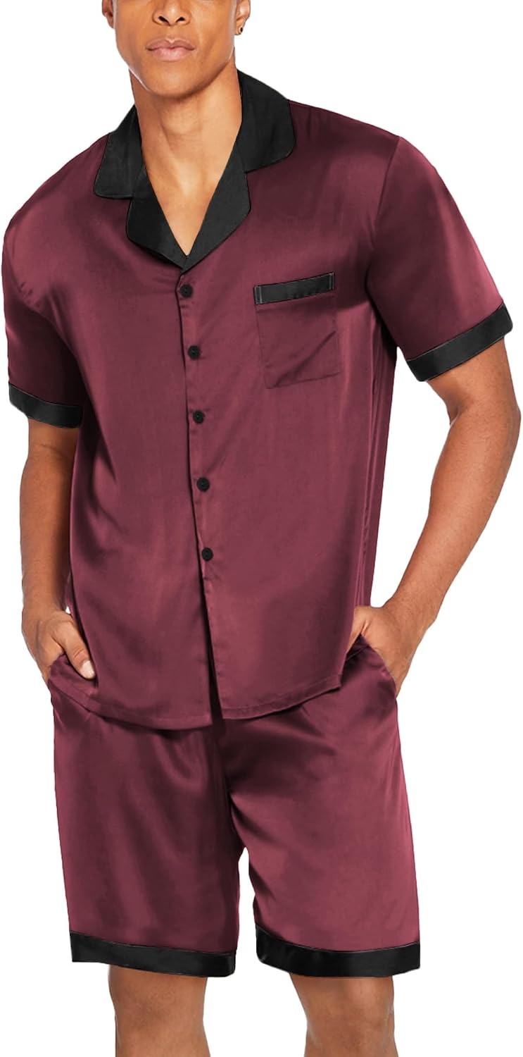 image:imageEkouaer Men Silk Pajamas Set 2 Pieces Satin Pj Button Down Loungewear Sets Shirt and ShortsSleepwearDrawstringPocketsShort SleeveMatching SetBreathableSoftMens Gift for BirthdaySummerFallWine Red