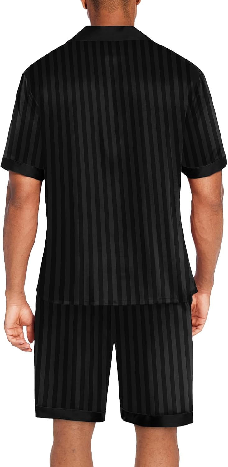 image:imageEkouaer Men Silk Pajamas Set 2 Pieces Satin Pj Button Down Loungewear Sets Shirt and ShortsSleepwearDrawstringPocketsShort SleeveMatching SetBreathableSoftMens Gift for BirthdaySummerFallStripe Black