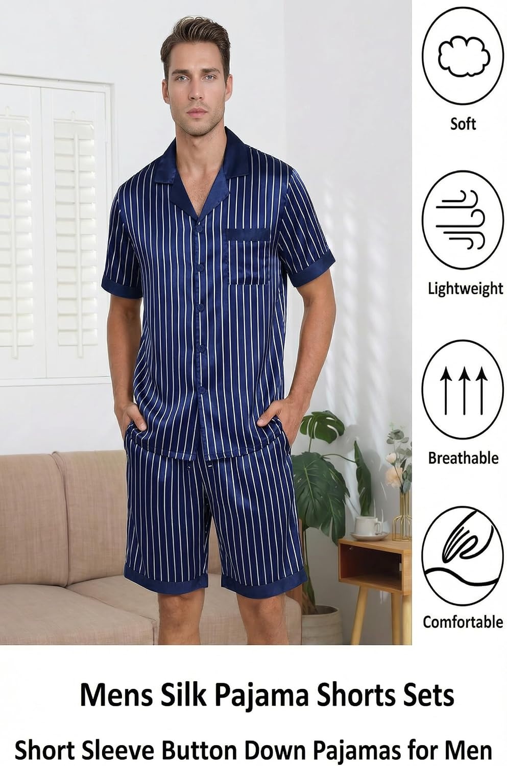 image:imageEkouaer Men Silk Pajamas Set 2 Pieces Satin Pj Button Down Loungewear Sets Shirt and ShortsSleepwearDrawstringPocketsShort SleeveMatching SetBreathableSoftMens Gift for BirthdaySummerFallBlue Striped