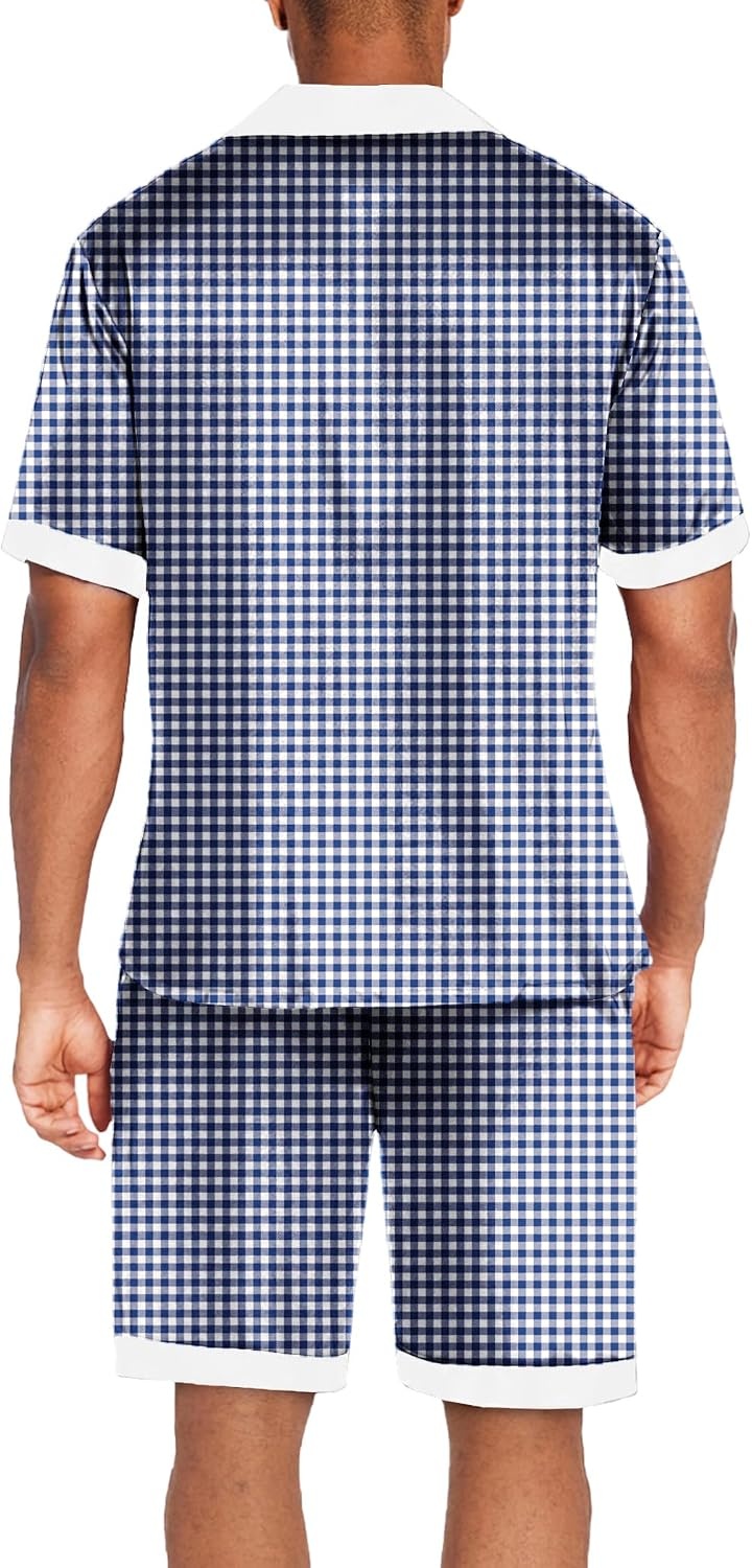 image:imageEkouaer Men Silk Pajamas Set 2 Pieces Satin Pj Button Down Loungewear Sets Shirt and ShortsSleepwearDrawstringPocketsShort SleeveMatching SetBreathableSoftMens Gift for BirthdaySummerFallBlue Plaid