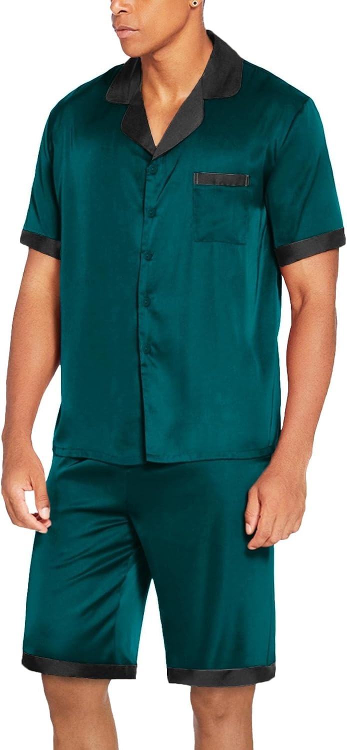 image:imageEkouaer Men Silk Pajamas Set 2 Pieces Satin Pj Button Down Loungewear Sets Shirt and ShortsSleepwearDrawstringPocketsShort SleeveMatching SetBreathableSoftMens Gift for BirthdaySummerFallLake Green