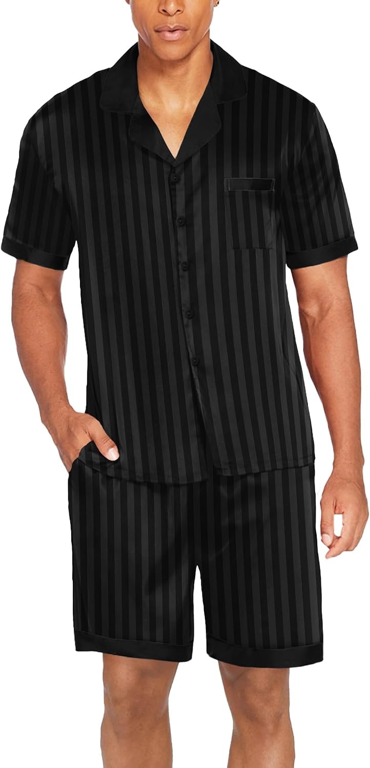 image:imageEkouaer Men Silk Pajamas Set 2 Pieces Satin Pj Button Down Loungewear Sets Shirt and ShortsSleepwearDrawstringPocketsShort SleeveMatching SetBreathableSoftMens Gift for BirthdaySummerFallStripe Black