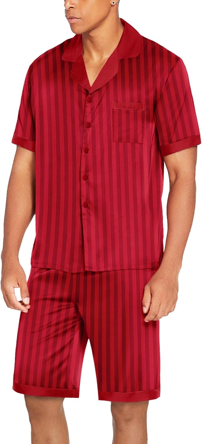 image:imageEkouaer Men Silk Pajamas Set 2 Pieces Satin Pj Button Down Loungewear Sets Shirt and ShortsSleepwearDrawstringPocketsShort SleeveMatching SetBreathableSoftMens Gift for BirthdaySummerFallRed Striped