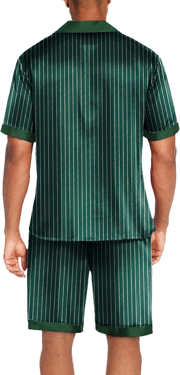image:imageEkouaer Men Silk Pajamas Set 2 Pieces Satin Pj Button Down Loungewear Sets Shirt and ShortsSleepwearDrawstringPocketsShort SleeveMatching SetBreathableSoftMens Gift for BirthdaySummerFallGreen Striped