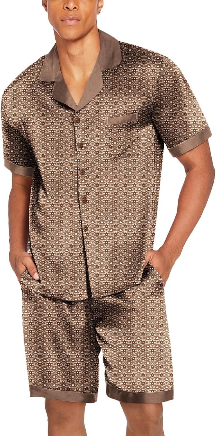 image:imageEkouaer Men Silk Pajamas Set 2 Pieces Satin Pj Button Down Loungewear Sets Shirt and ShortsSleepwearDrawstringPocketsShort SleeveMatching SetBreathableSoftMens Gift for BirthdaySummerFallGeometric Gold