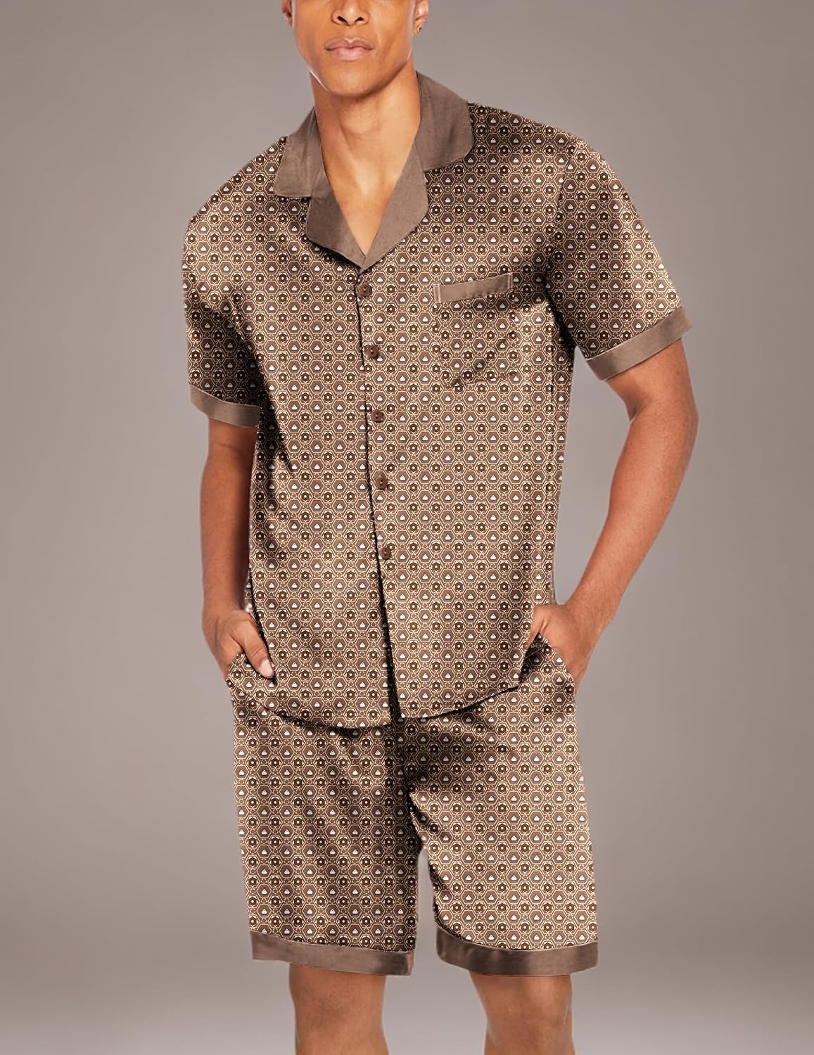 image:imageEkouaer Men Silk Pajamas Set 2 Pieces Satin Pj Button Down Loungewear Sets Shirt and ShortsSleepwearDrawstringPocketsShort SleeveMatching SetBreathableSoftMens Gift for BirthdaySummerFallGeometric Gold