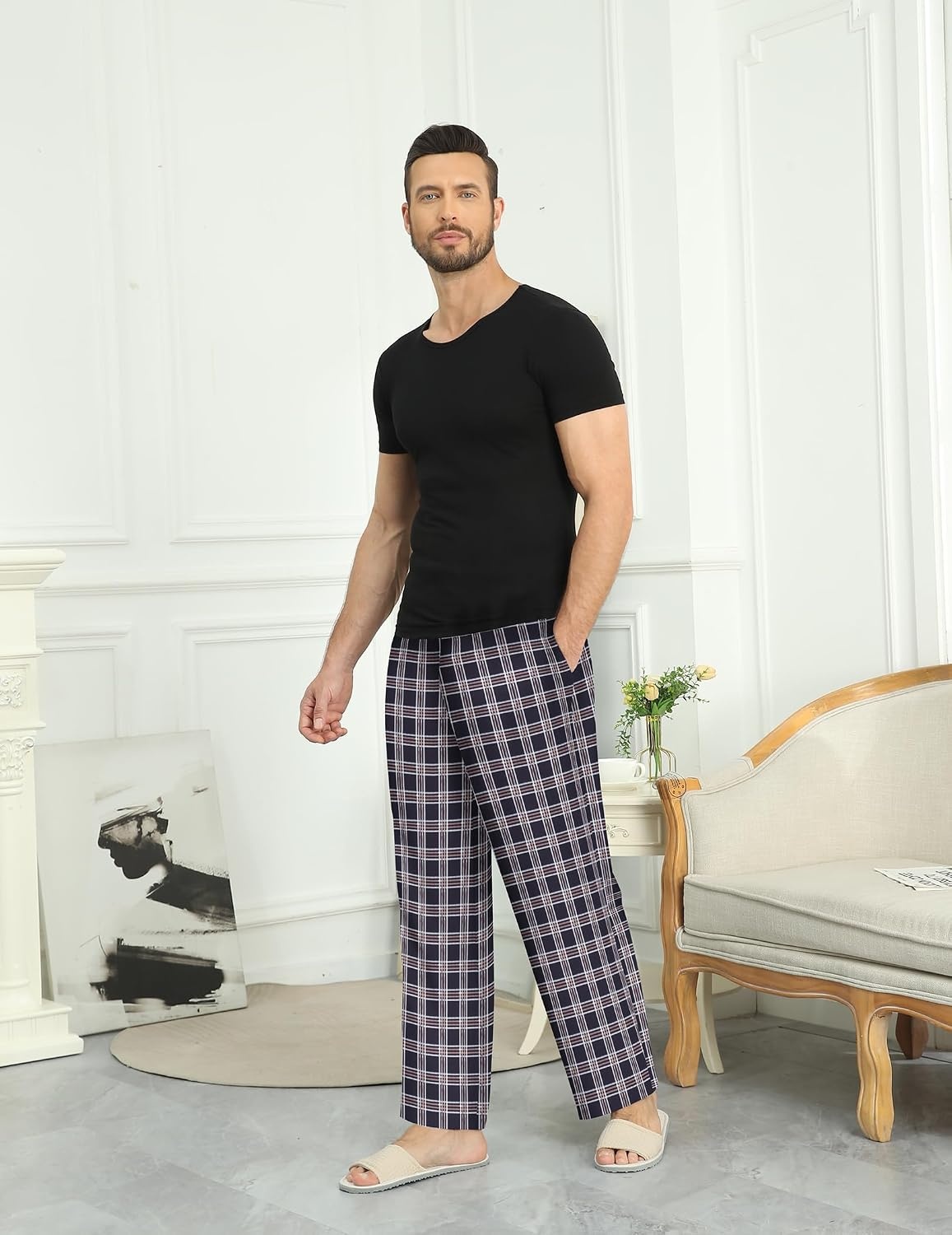 image:imageEkouaer Mens Pajama Pants Plaid Lounge Pants Soft Pj Bottoms with Pockets Mens Plaid Pajama PantsMens Pj Pants with Pockets amp DrawstringLong Lounge PantsChristmas Pj BottomsUnisex Pajama BottomsLine Black Plaid