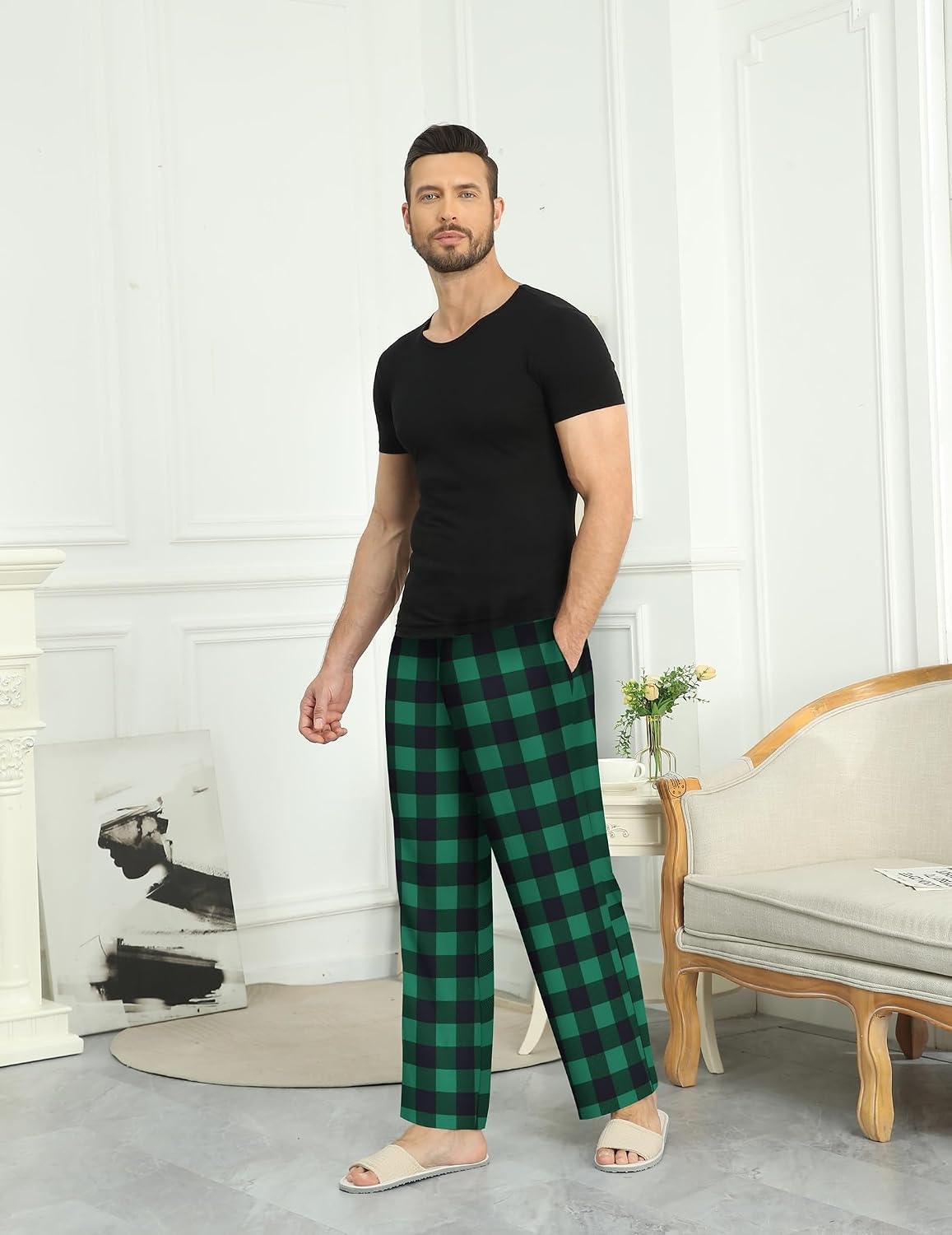 image:imageEkouaer Mens Pajama Pants Plaid Lounge Pants Soft Pj Bottoms with Pockets Mens Plaid Pajama PantsMens Pj Pants with Pockets amp DrawstringLong Lounge PantsChristmas Pj BottomsUnisex Pajama BottomsGreen and Black Plaid