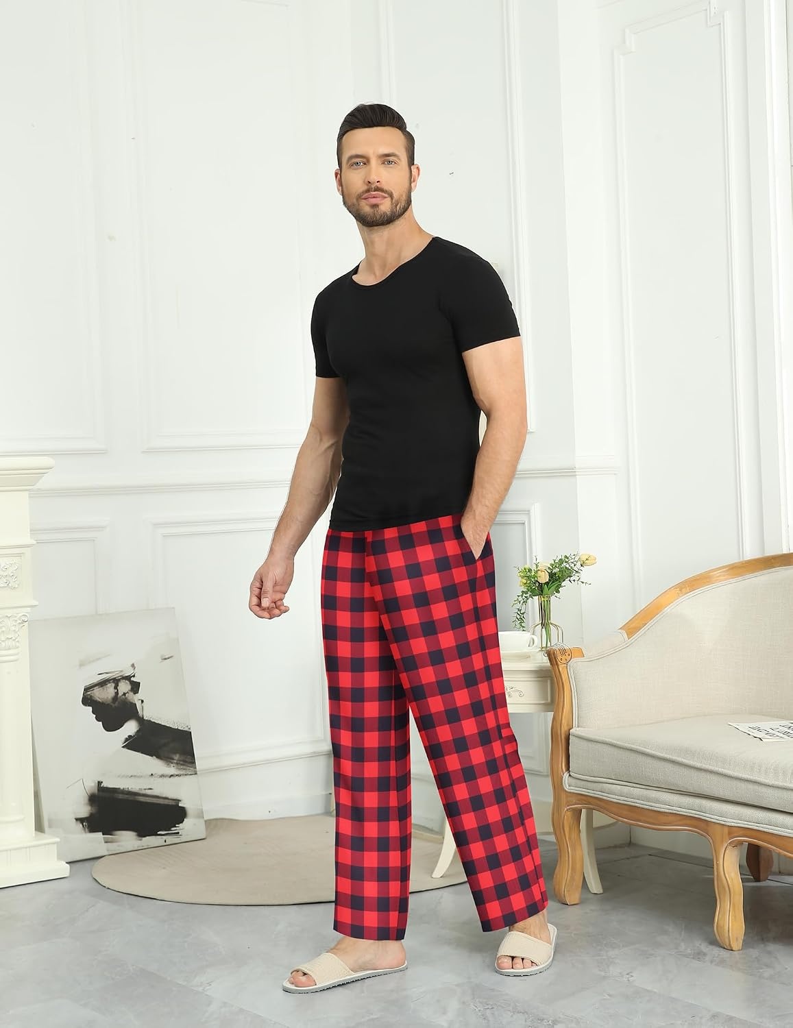 image:imageEkouaer Mens Pajama Pants Plaid Lounge Pants Soft Pj Bottoms with Pockets Mens Plaid Pajama PantsMens Pj Pants with Pockets amp DrawstringLong Lounge PantsChristmas Pj BottomsUnisex Pajama BottomsRed and Black Plaid