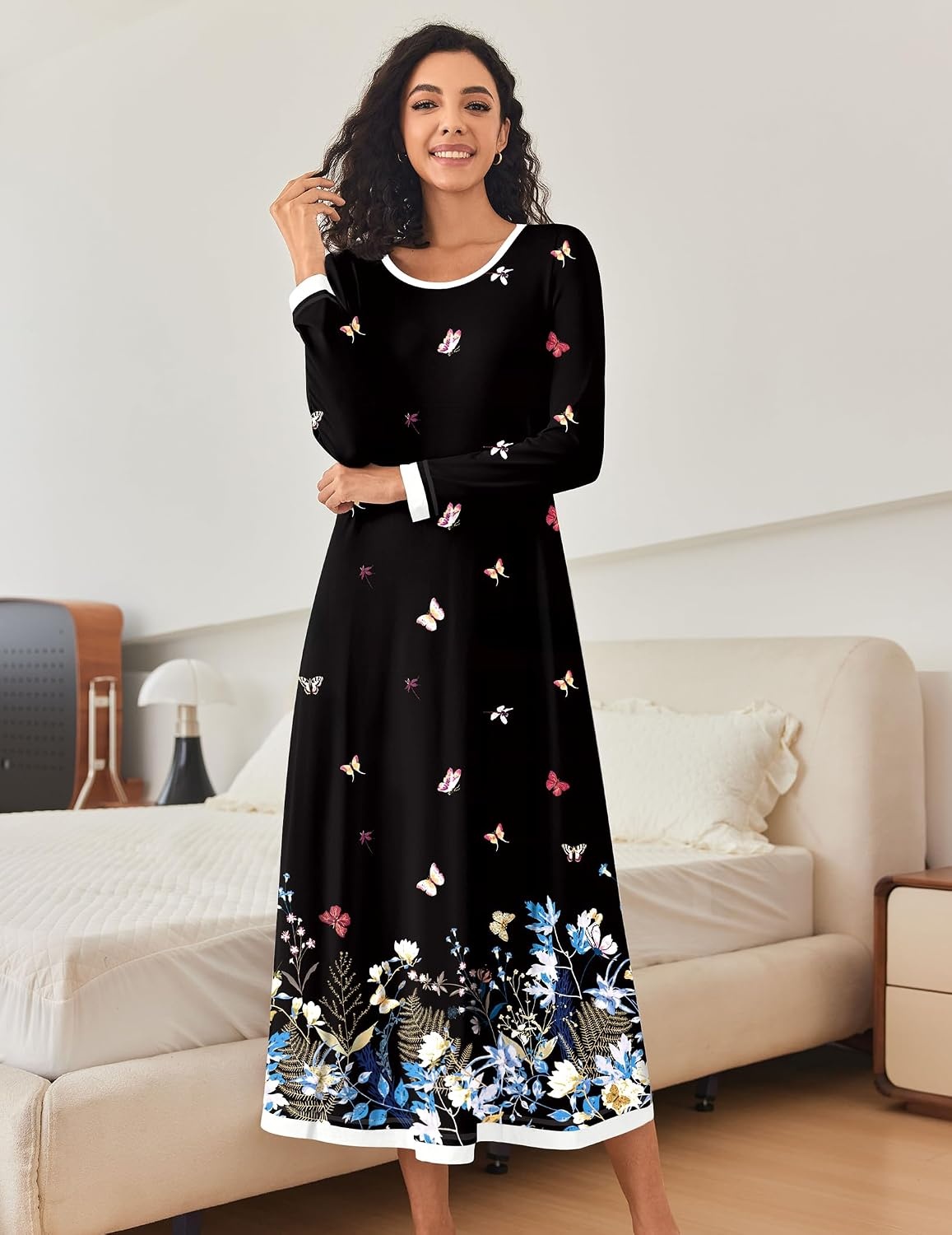 image:imageEkouaer Nightgown Women Long Sleeve Sleepwear Full Length Long Nightshirt Soft Loungewear Pajama Dress S4XLBlack Butterfly