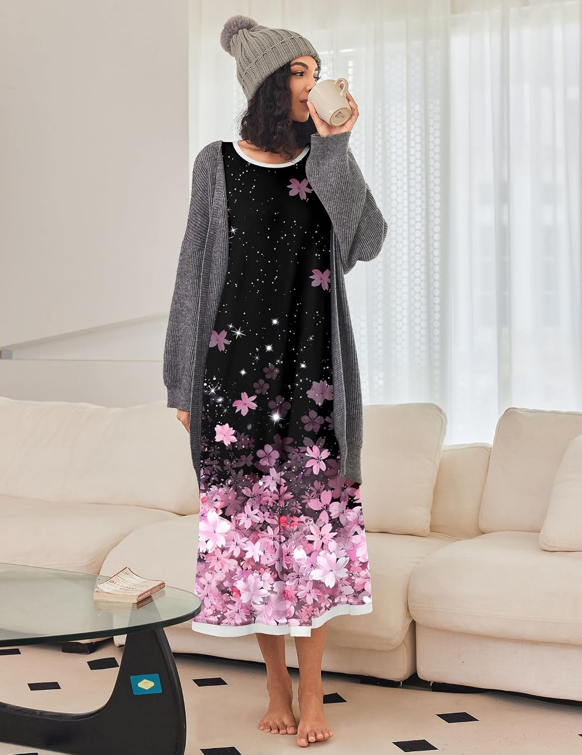 image:imageEkouaer Nightgown Women Long Sleeve Sleepwear Full Length Long Nightshirt Soft Loungewear Pajama Dress S4XLBlack Sakura