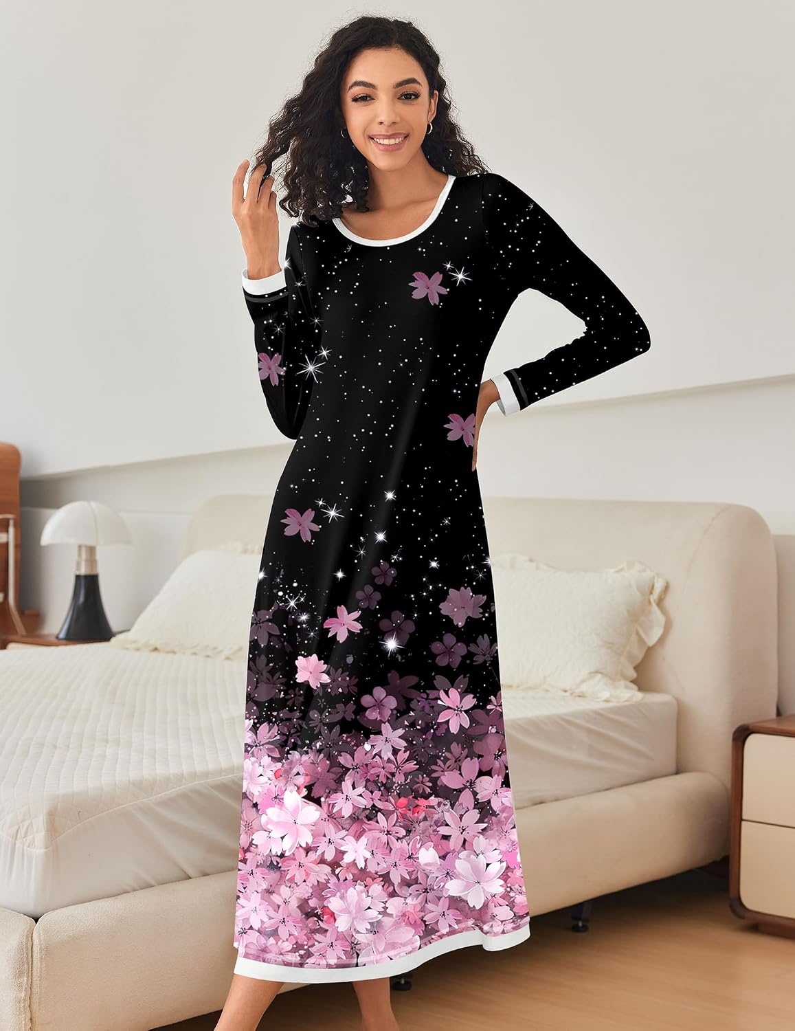 image:imageEkouaer Nightgown Women Long Sleeve Sleepwear Full Length Long Nightshirt Soft Loungewear Pajama Dress S4XLBlack Sakura