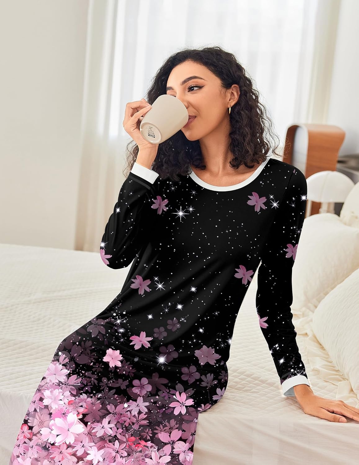 image:imageEkouaer Nightgown Women Long Sleeve Sleepwear Full Length Long Nightshirt Soft Loungewear Pajama Dress S4XLBlack Sakura