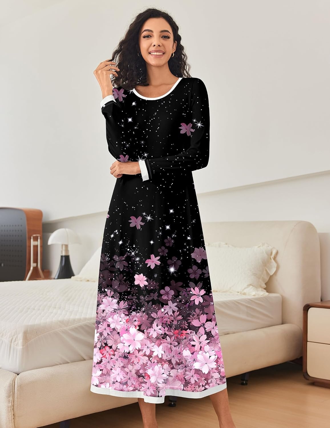 image:imageEkouaer Nightgown Women Long Sleeve Sleepwear Full Length Long Nightshirt Soft Loungewear Pajama Dress S4XLBlack Sakura