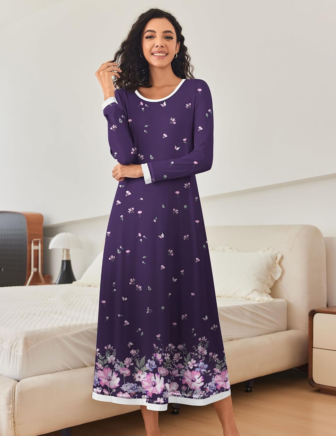 image:imageEkouaer Nightgown Women Long Sleeve Sleepwear Full Length Long Nightshirt Soft Loungewear Pajama Dress S4XLPurple Floral