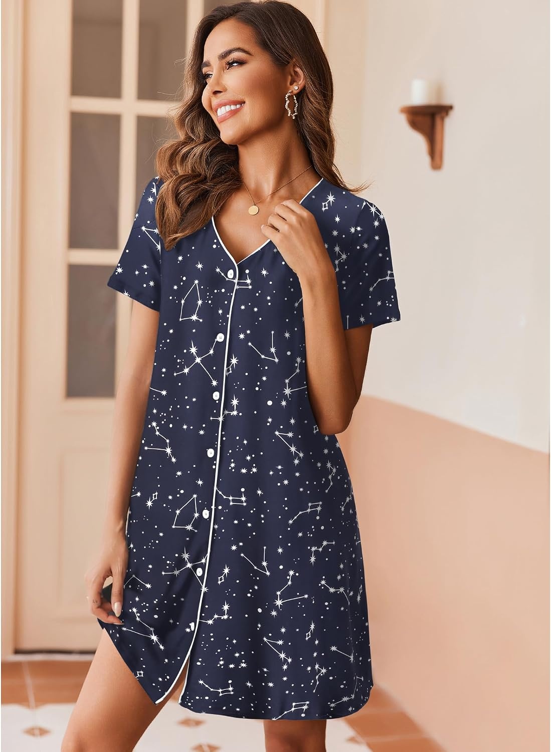 image:imageEkouaer Nightgowns for Women 2 Pack Night Gowns Button Down Sleep Shirts Soft Fabric2 Pack Night ShirtsShort Sleeve Pajama DressLabor and Delivery GownPerfect for SleepPostpartumNursingGreyBlue Star