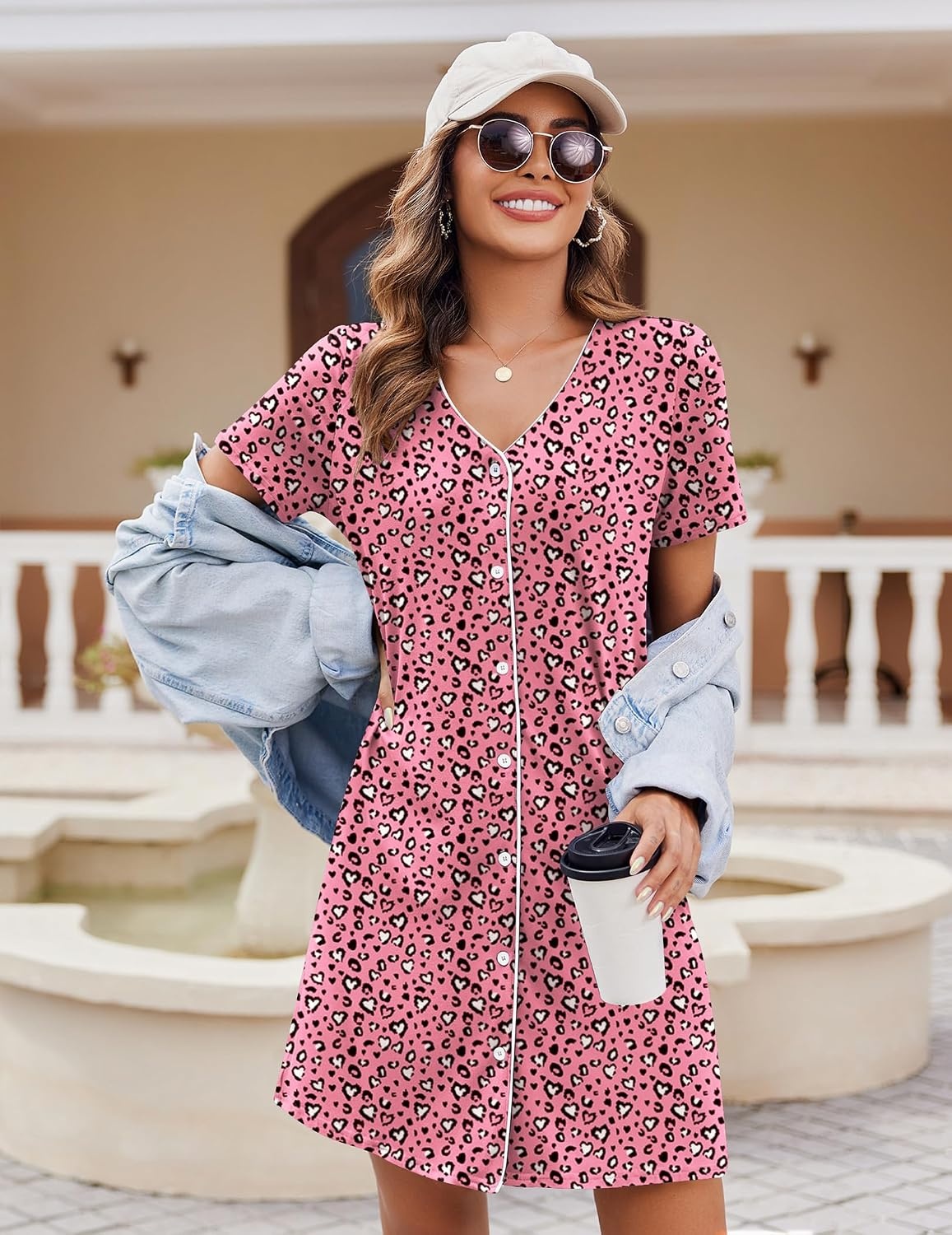 image:imageEkouaer Nightgowns for Women 2 Pack Night Gowns Button Down Sleep Shirts Soft Fabric2 Pack Night ShirtsShort Sleeve Pajama DressLabor and Delivery GownPerfect for SleepPostpartumNursingBlackPink White Leopard