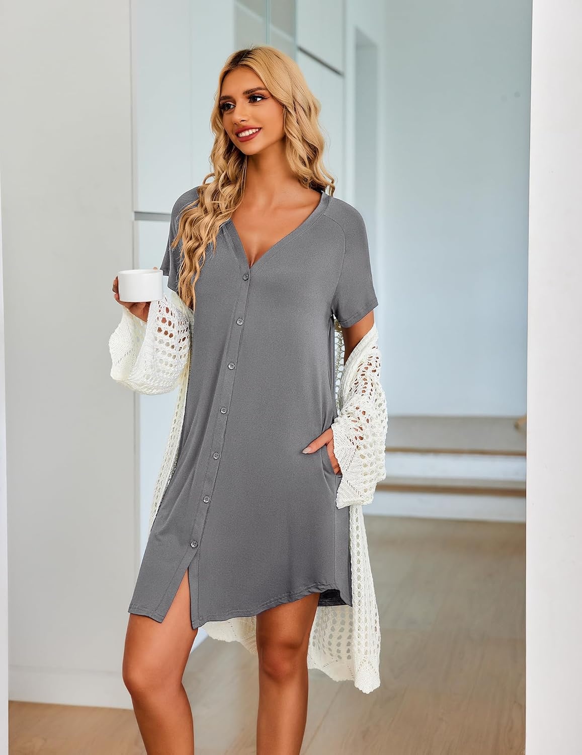 image:imageEkouaer Nightgowns for Women Button Down Night Gown with Pockets Short Sleeve Sleepshirt V Neck Night Shirt Soft Pajamas Dress Casual Sleepwear for Labor Delivery Maternity NursingGrey