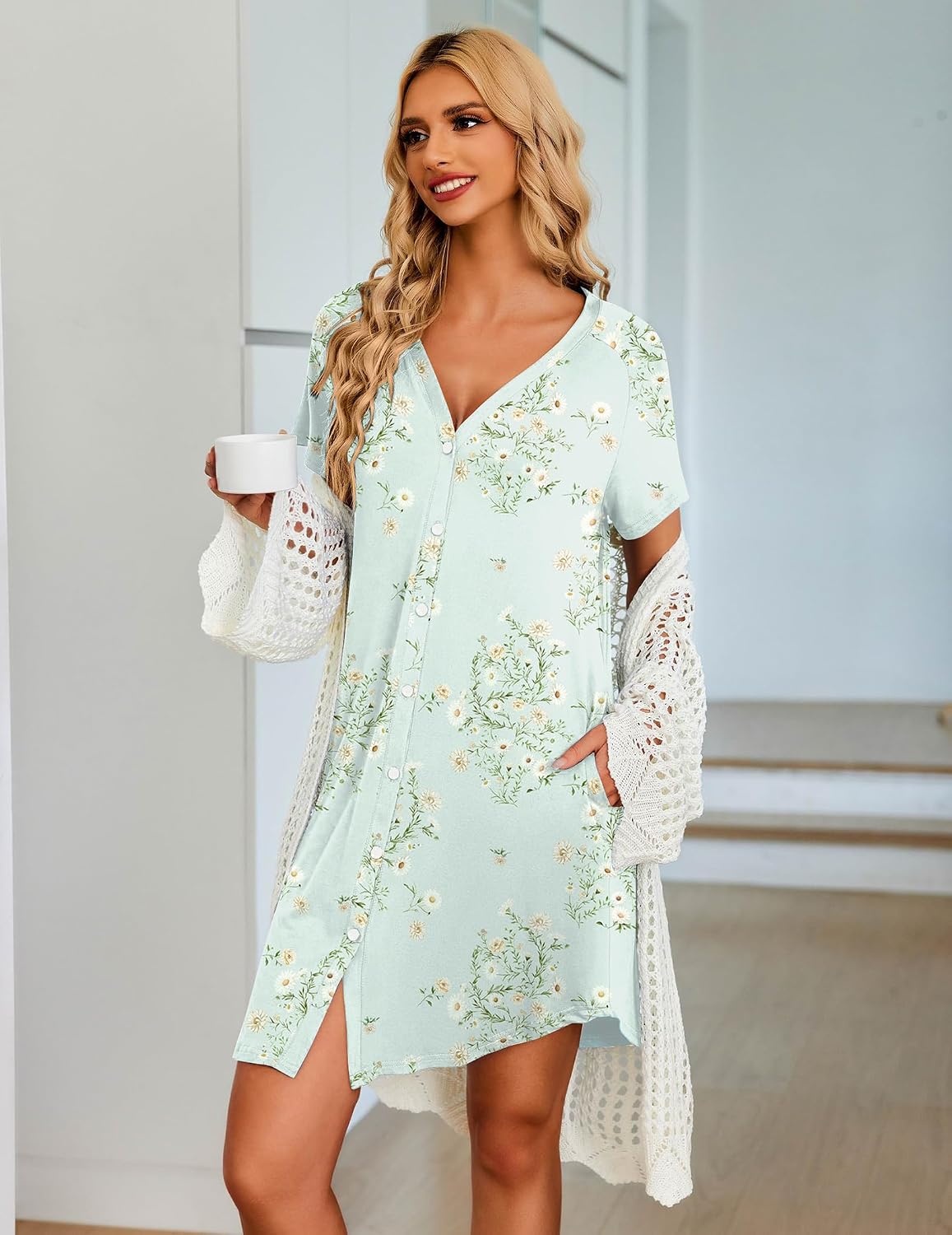 image:imageEkouaer Nightgowns for Women Button Down Night Gown with Pockets Short Sleeve Sleepshirt V Neck Night Shirt Soft Pajamas Dress Casual Sleepwear for Labor Delivery Maternity NursingFloral Green