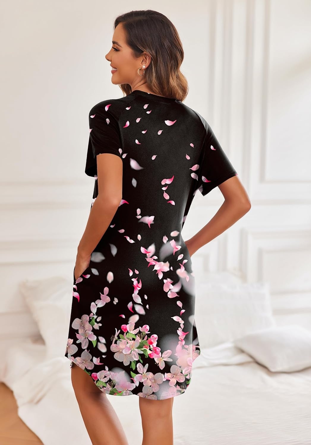image:imageEkouaer Nightgowns for Women Button Down Night Gown with Pockets Short Sleeve Sleepshirt V Neck Night Shirt Soft Pajamas Dress Casual Sleepwear for Labor Delivery Maternity NursingBegonia Flowers
