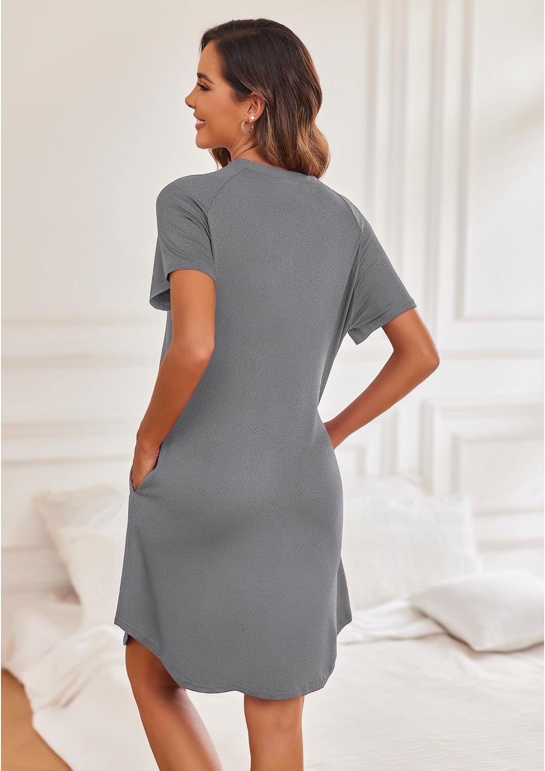 image:imageEkouaer Nightgowns for Women Button Down Night Gown with Pockets Short Sleeve Sleepshirt V Neck Night Shirt Soft Pajamas Dress Casual Sleepwear for Labor Delivery Maternity NursingGrey