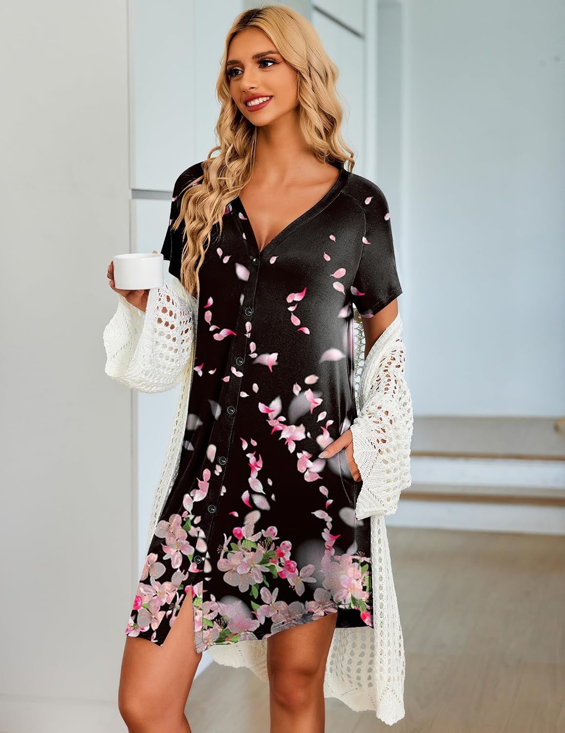 image:imageEkouaer Nightgowns for Women Button Down Night Gown with Pockets Short Sleeve Sleepshirt V Neck Night Shirt Soft Pajamas Dress Casual Sleepwear for Labor Delivery Maternity NursingBegonia Flowers