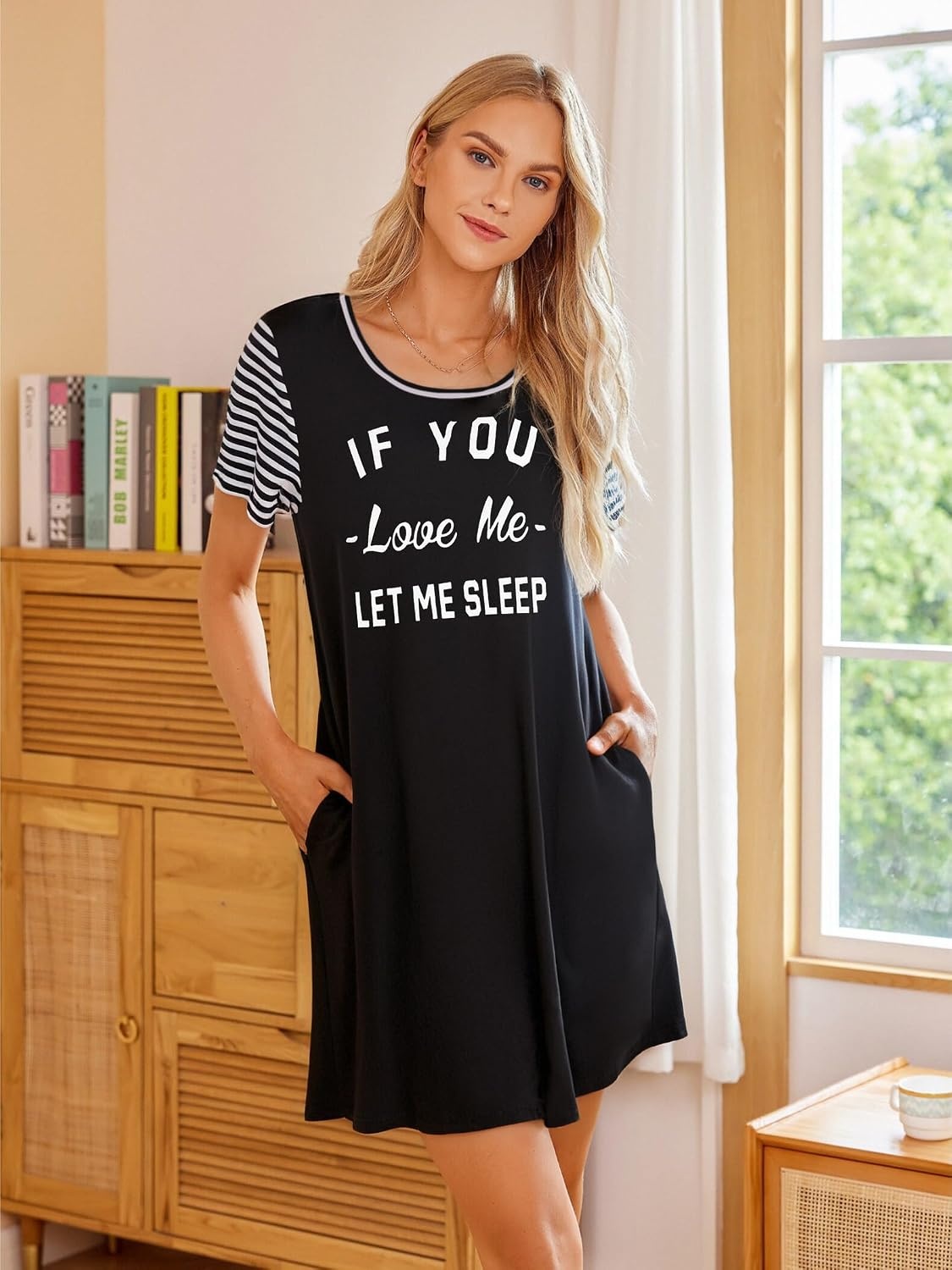 image:imageEkouaer Nightgowns for Women Soft Sleep Shirts with Pockets Short Sleeves Printed Crewneck Nightshirt Crew neck above the Knee lightweight amp breathable contrasting sleeves night dress for homego outsleep S3XLBlack