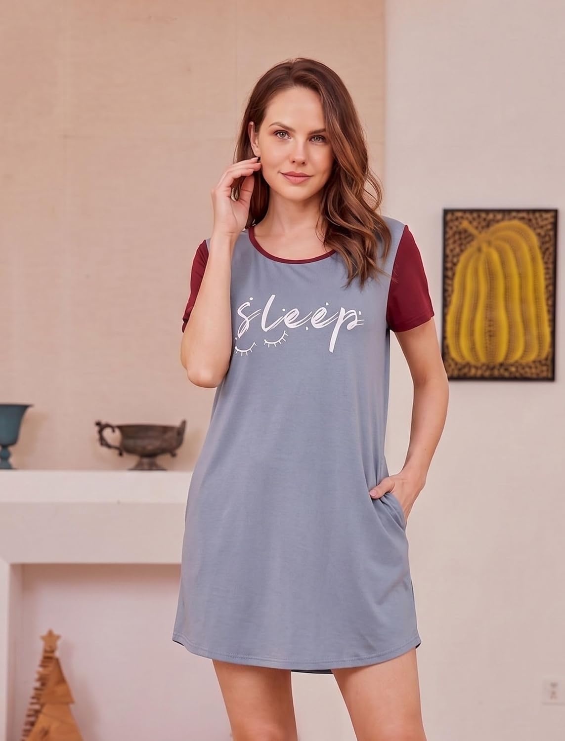 image:imageEkouaer Nightgowns for Women Soft Sleep Shirts with Pockets Short Sleeves Printed Crewneck Nightshirt Crew neck above the Knee lightweight amp breathable contrasting sleeves night dress for homego outsleep S3XLGrey Sleep Print