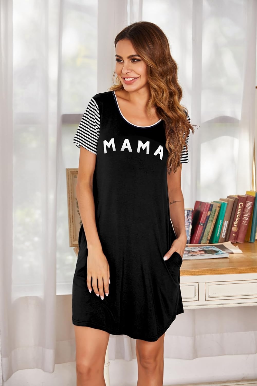 image:imageEkouaer Nightgowns for Women Soft Sleep Shirts with Pockets Short Sleeves Printed Crewneck Nightshirt Crew neck above the Knee lightweight amp breathable contrasting sleeves night dress for homego outsleep S3XLBlack Mama