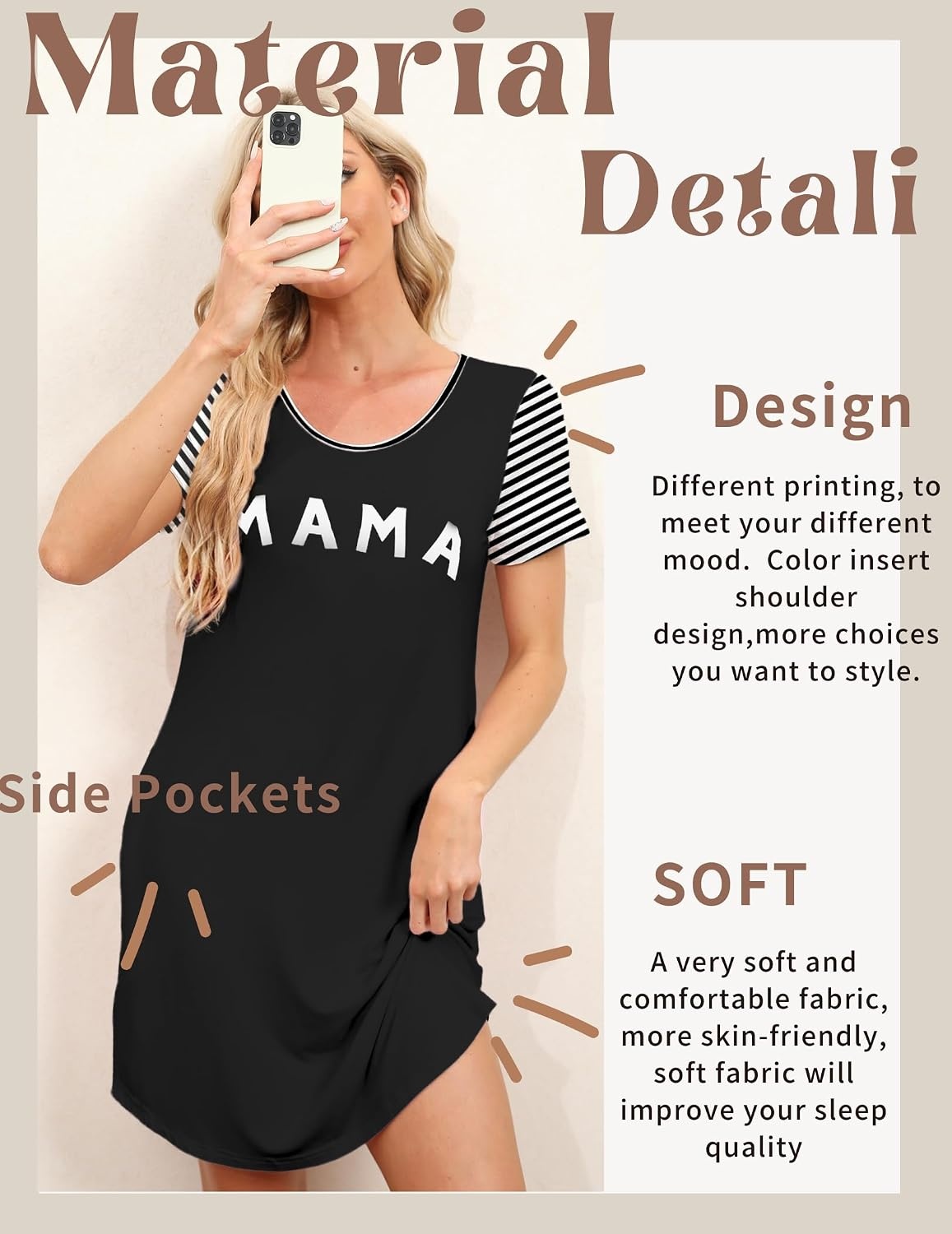 image:imageEkouaer Nightgowns for Women Soft Sleep Shirts with Pockets Short Sleeves Printed Crewneck Nightshirt Crew neck above the Knee lightweight amp breathable contrasting sleeves night dress for homego outsleep S3XLBlack Mama
