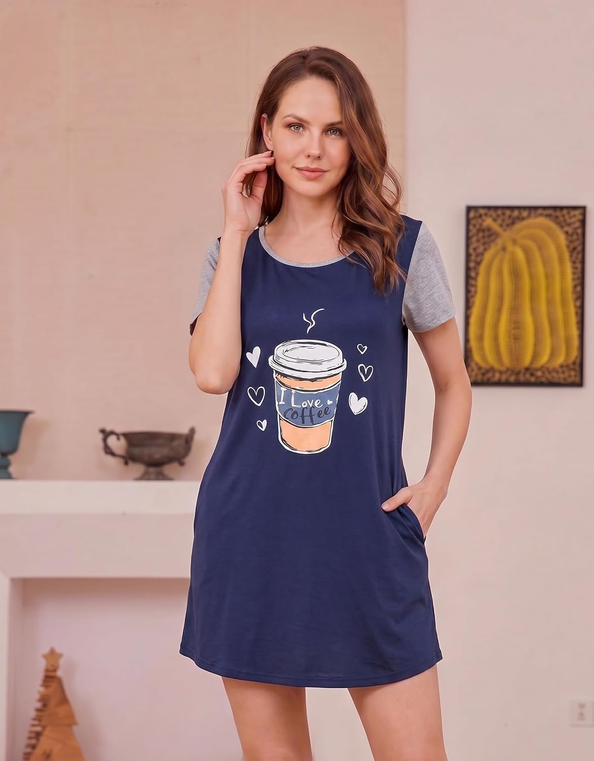 image:imageEkouaer Nightgowns for Women Soft Sleep Shirts with Pockets Short Sleeves Printed Crewneck Nightshirt Crew neck above the Knee lightweight amp breathable contrasting sleeves night dress for homego outsleep S3XLNavy Blue Coffee