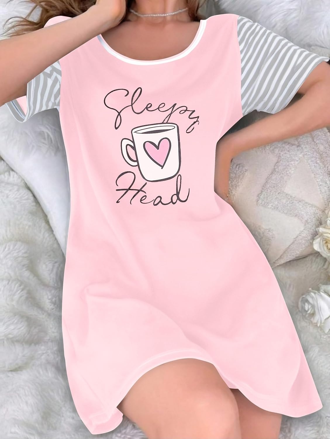 image:imageEkouaer Nightgowns for Women Soft Sleep Shirts with Pockets Short Sleeves Printed Crewneck Nightshirt Crew neck above the Knee lightweight amp breathable contrasting sleeves night dress for homego outsleep S3XLPink Coffee